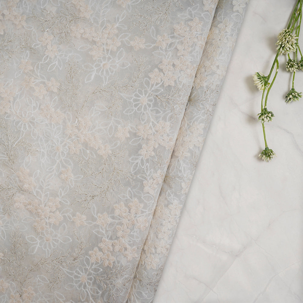 (Pre-Cut 0.60 Mtr)Off White Color Embroidered Viscose Organza Fabric