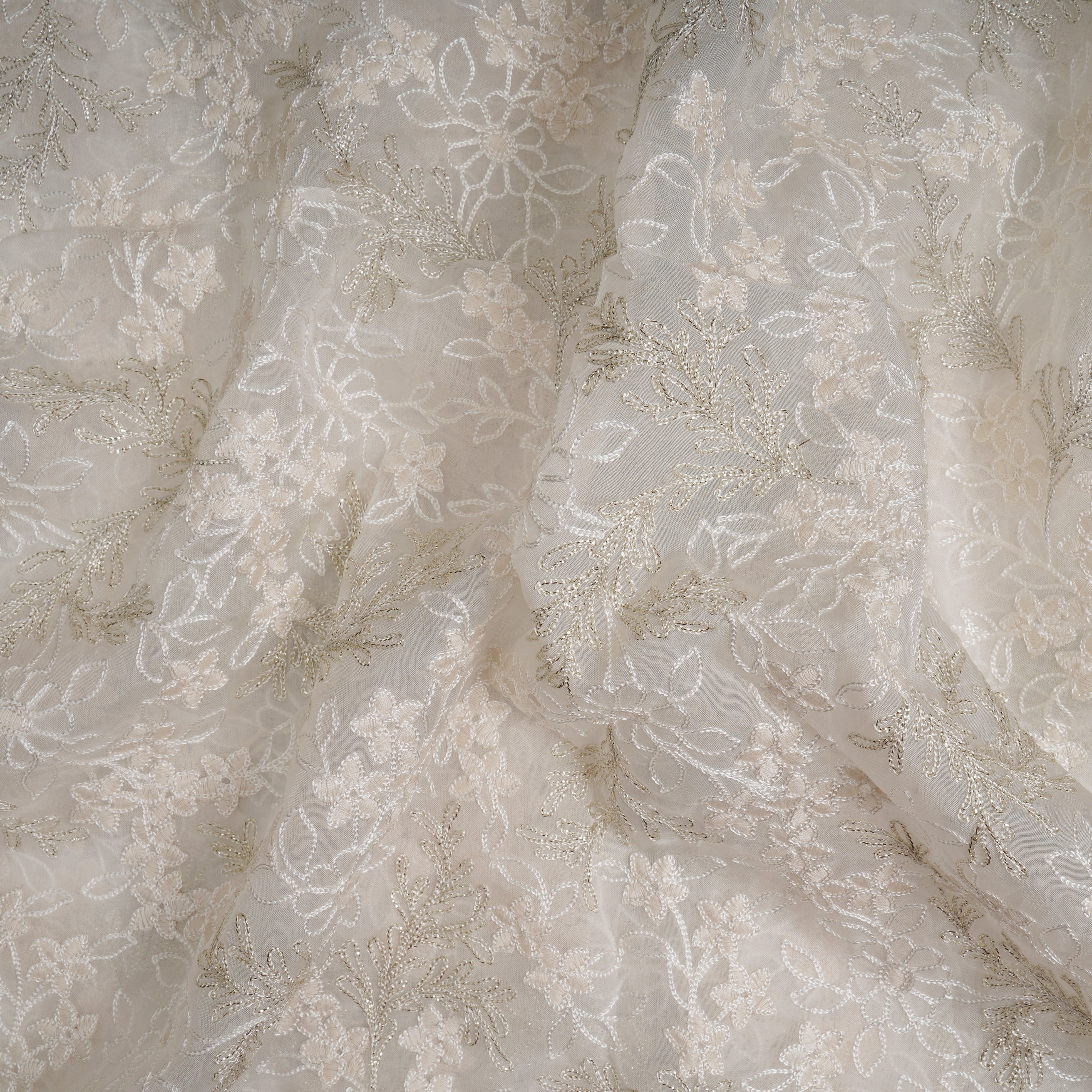 (Pre-Cut 0.60 Mtr)Off White Color Embroidered Viscose Organza Fabric