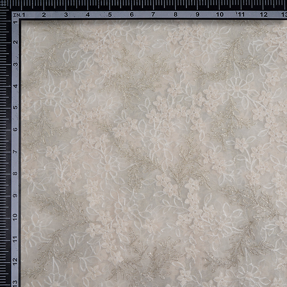 (Pre-Cut 0.60 Mtr)Off White Color Embroidered Viscose Organza Fabric