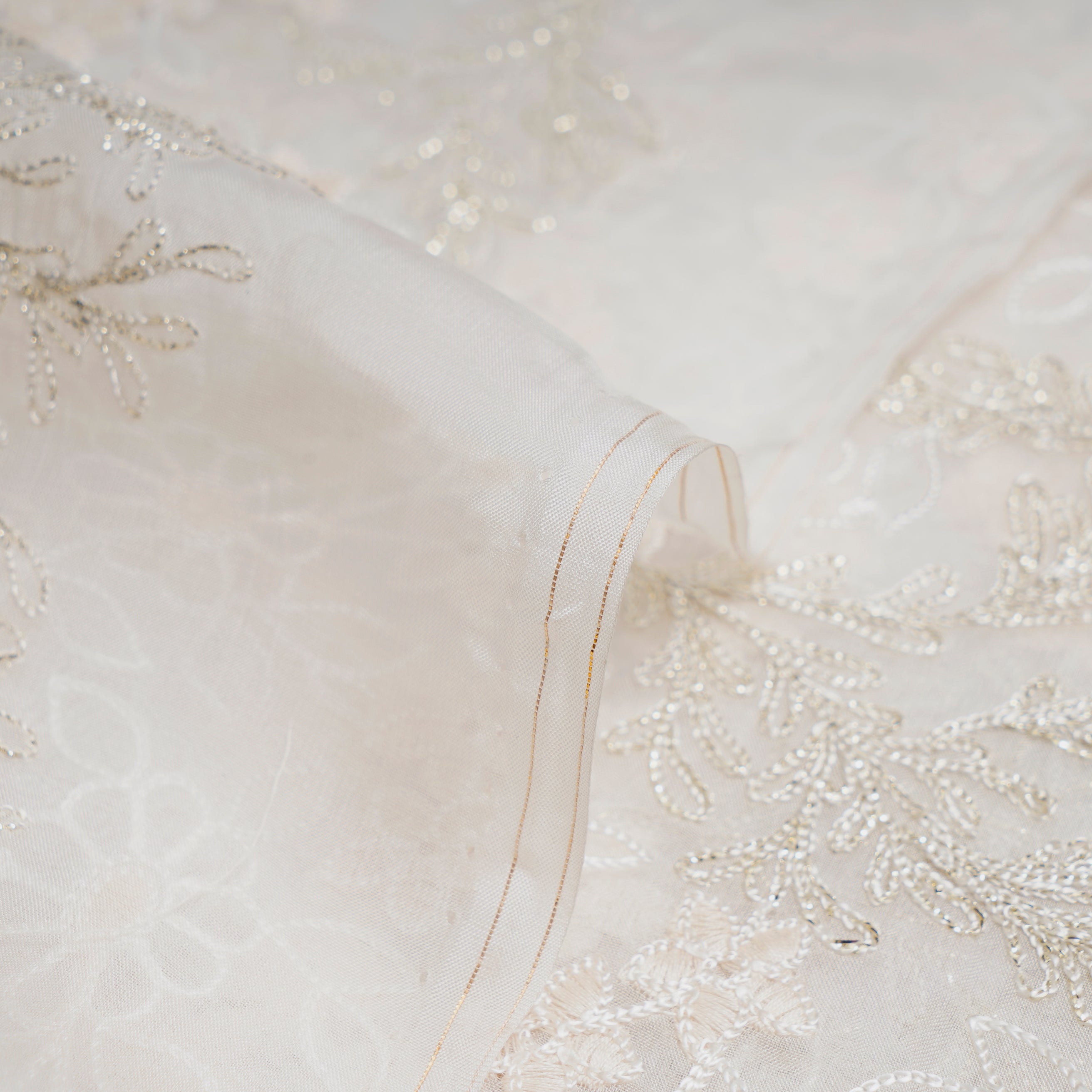 (Pre-Cut 0.60 Mtr)Off White Color Embroidered Viscose Organza Fabric