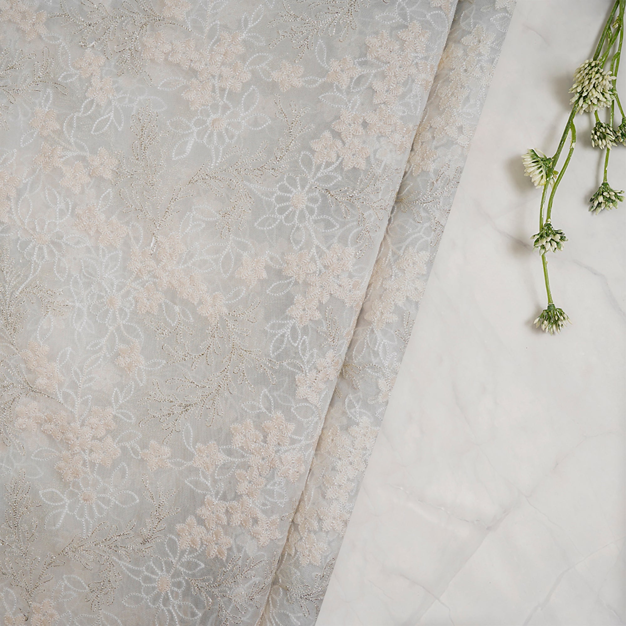 (Pre-Cut 2.50 Mtr)Off White Color Embroidered Viscose Organza Fabric