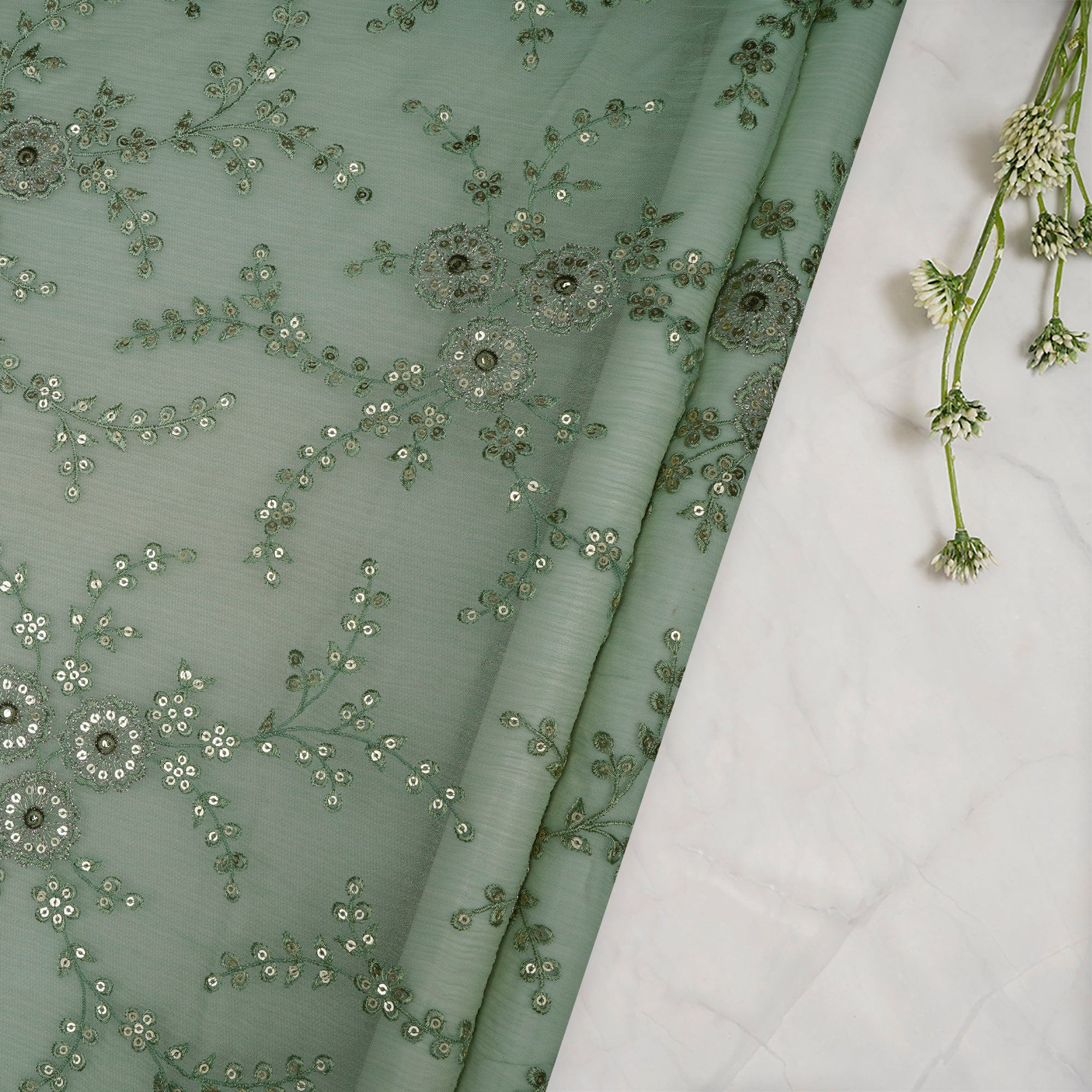 (Pre-Cut 1.00 Mtr)Gyey Floral Pattern Thread Sequins Embroidered Bemberg Chiffon Fabric