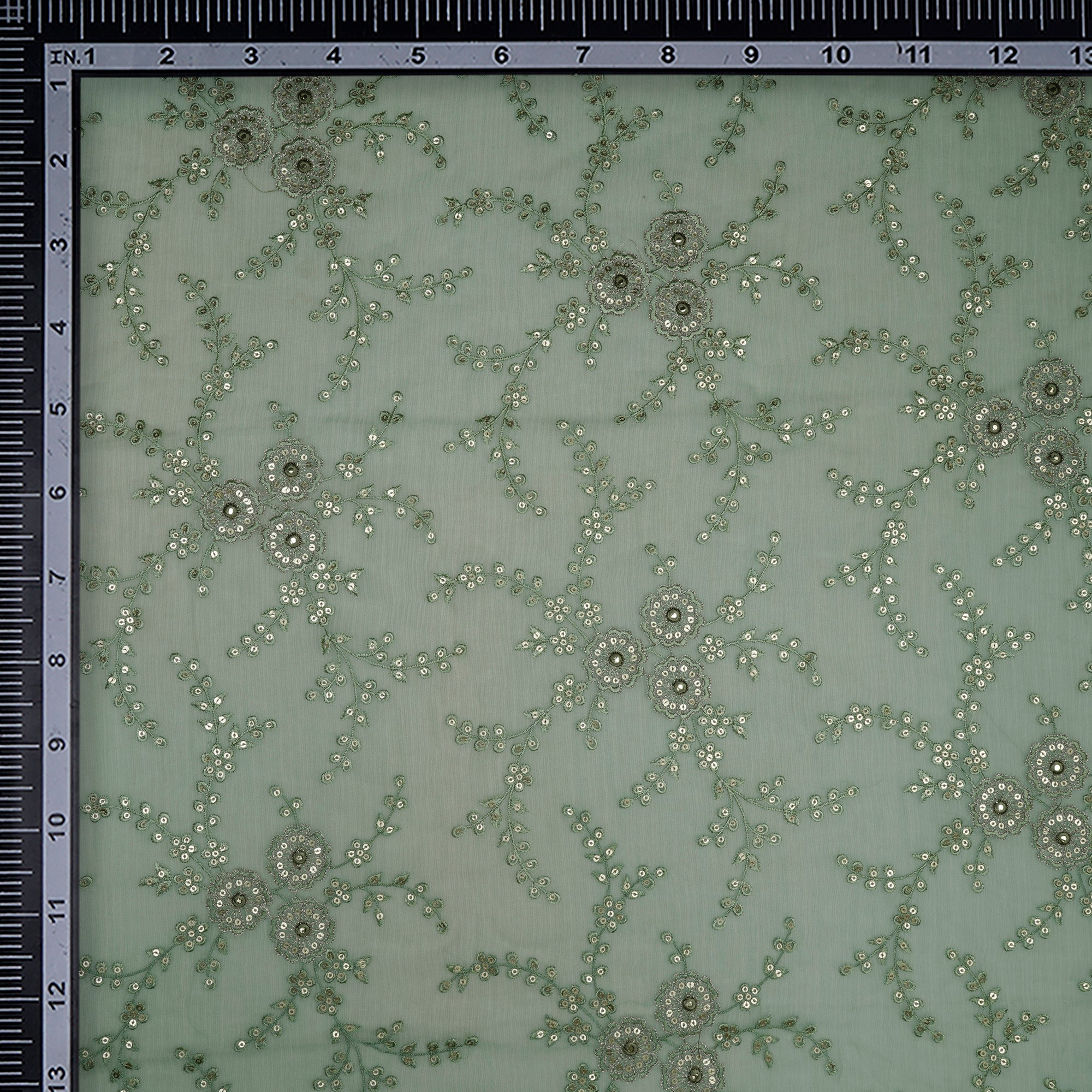 (Pre-Cut 1.00 Mtr)Gyey Floral Pattern Thread Sequins Embroidered Bemberg Chiffon Fabric