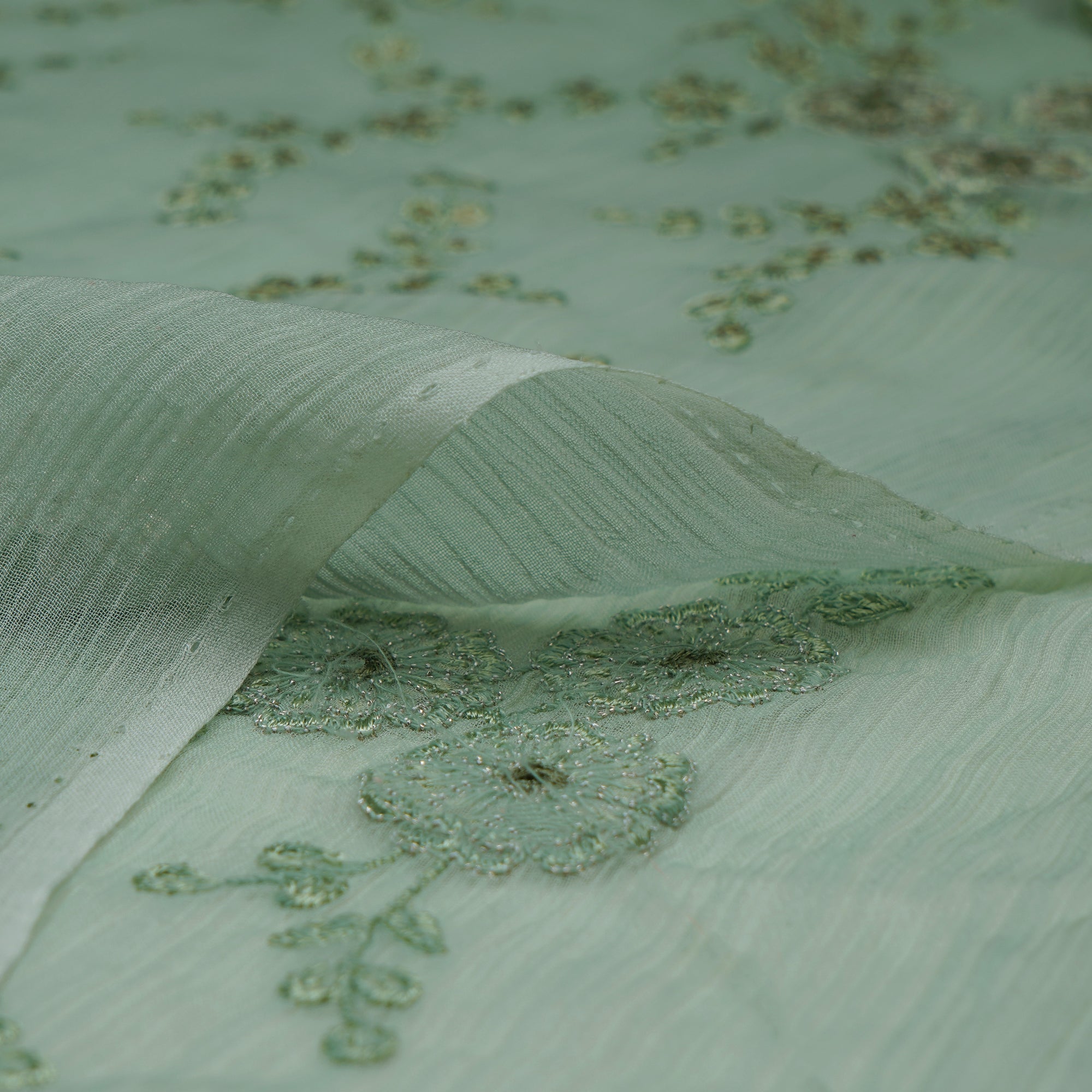 (Pre-Cut 1.00 Mtr)Gyey Floral Pattern Thread Sequins Embroidered Bemberg Chiffon Fabric