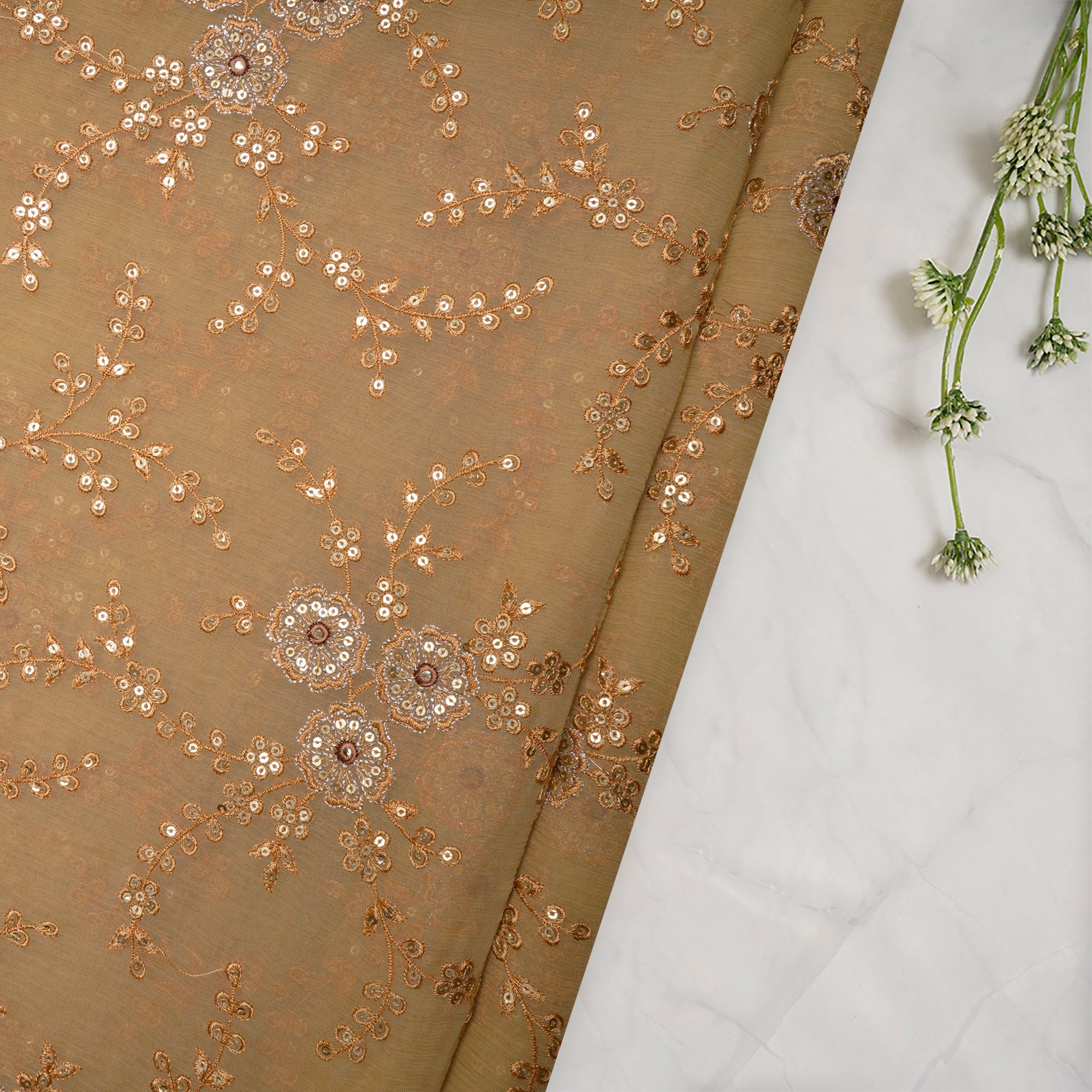 (Pre-Cut 3.60 Mtr)Cream Floral Pattern Thread Sequins Embroidered Bemberg Chiffon Fabric