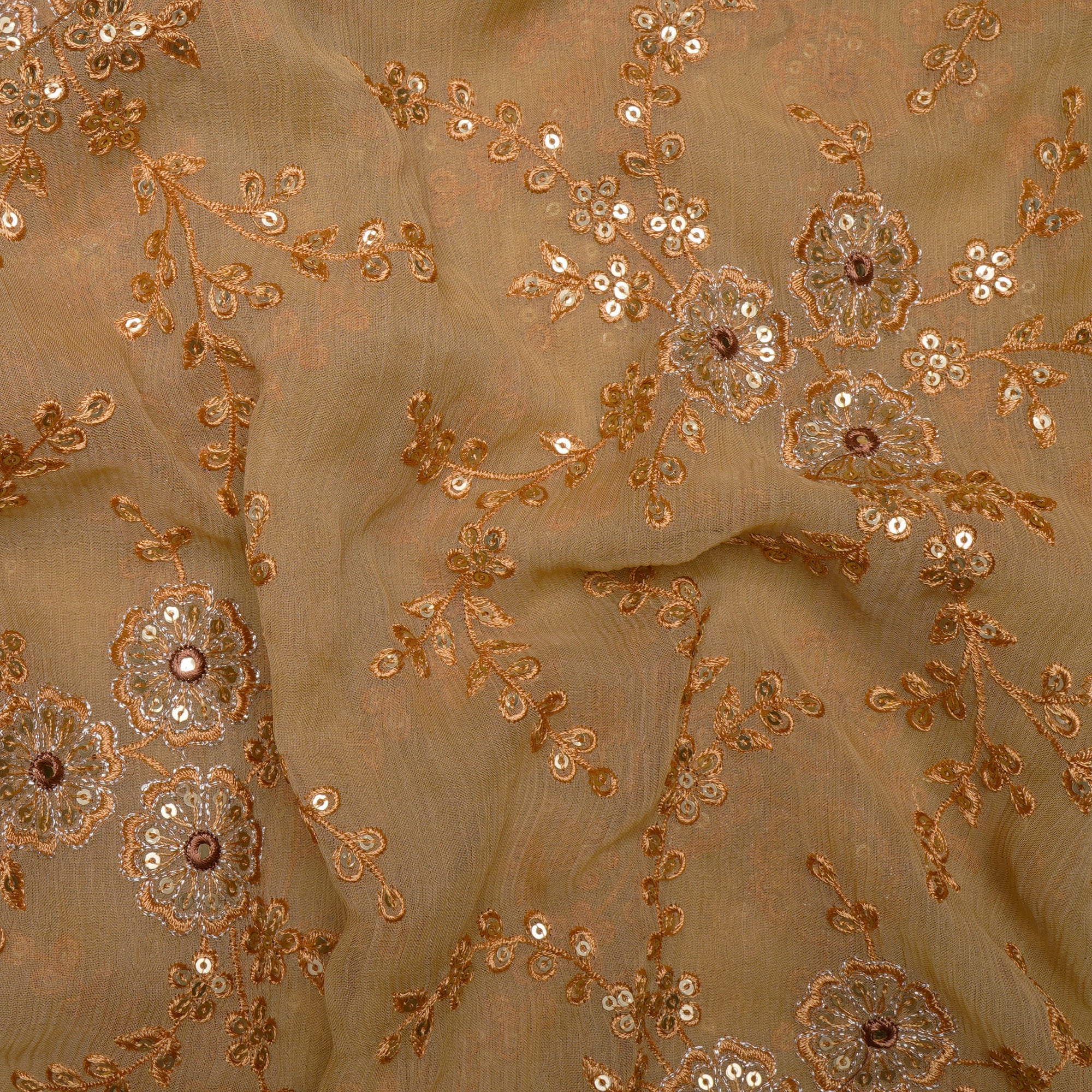 (Pre-Cut 3.60 Mtr)Cream Floral Pattern Thread Sequins Embroidered Bemberg Chiffon Fabric