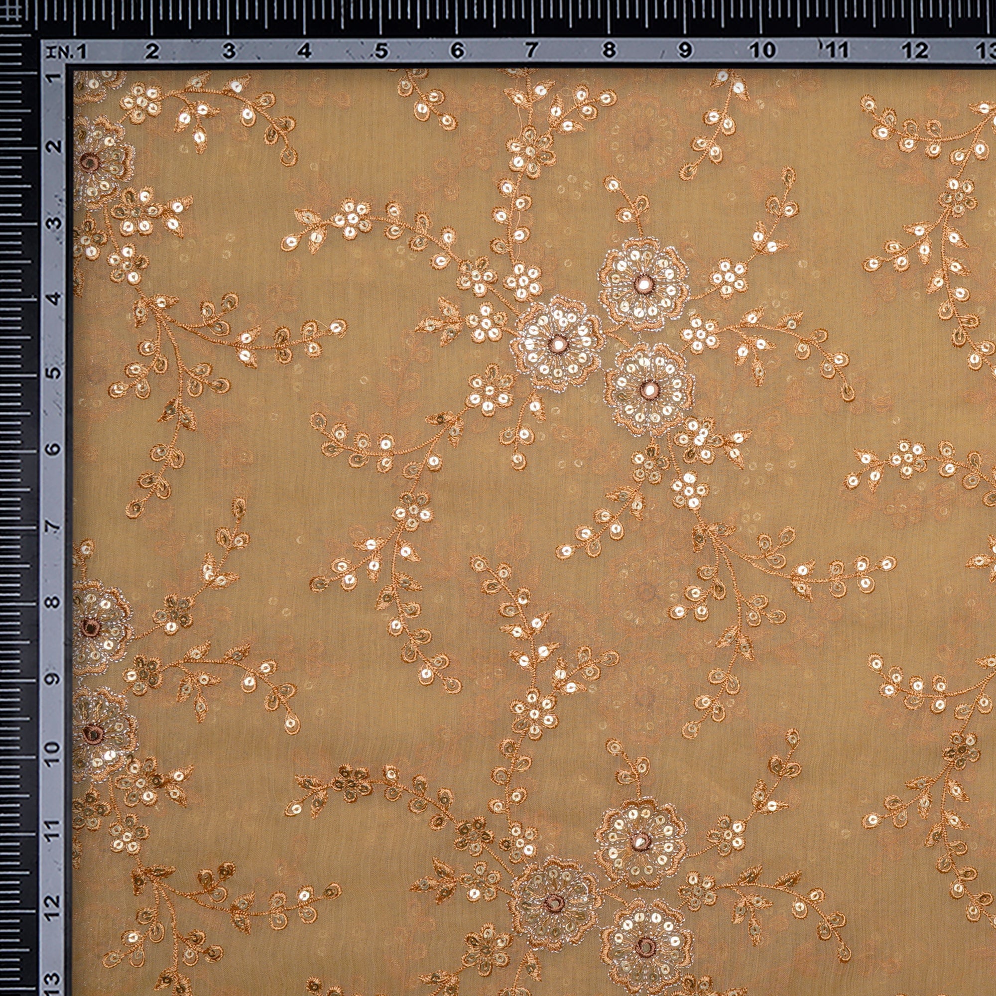 (Pre-Cut 3.60 Mtr)Cream Floral Pattern Thread Sequins Embroidered Bemberg Chiffon Fabric