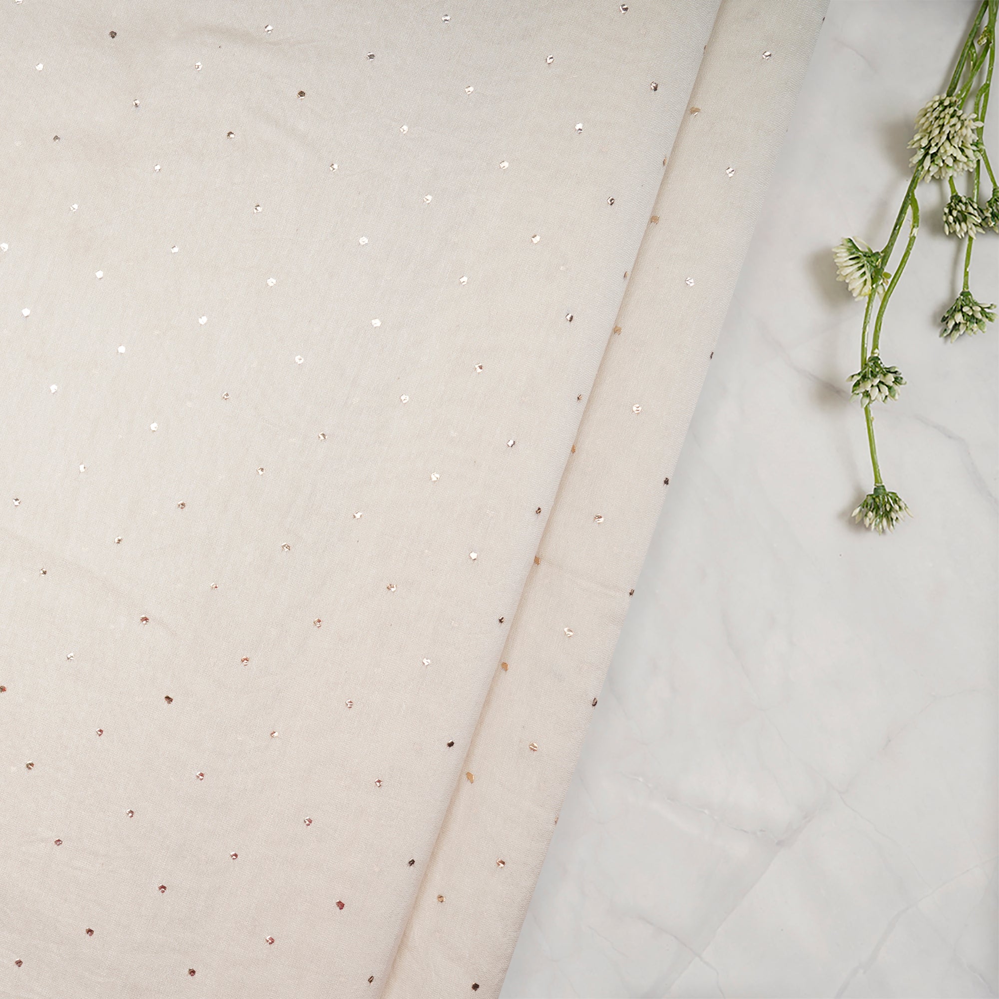 (Pre-Cut 0.60 Mtr)White Dyeable All Over Pattern Hand Embroidered Mukaish Work Tissue Chanderi Fabric