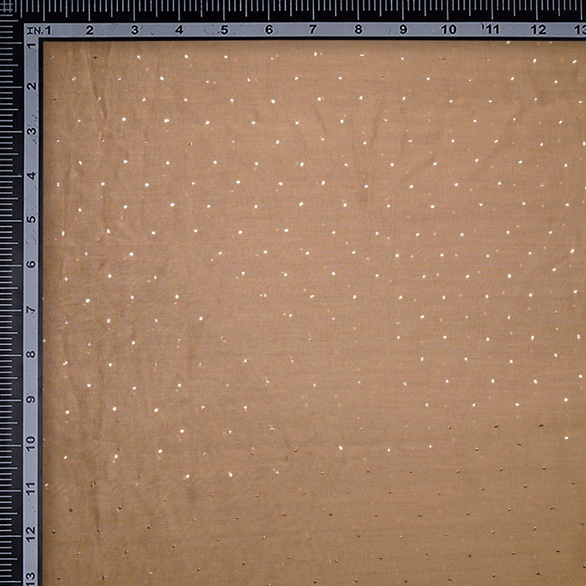 (Pre-Cut 4.10 Mtr)Tan All Over Pattern Hand Embroidered Mukaish Work Tissue Chanderi Fabric
