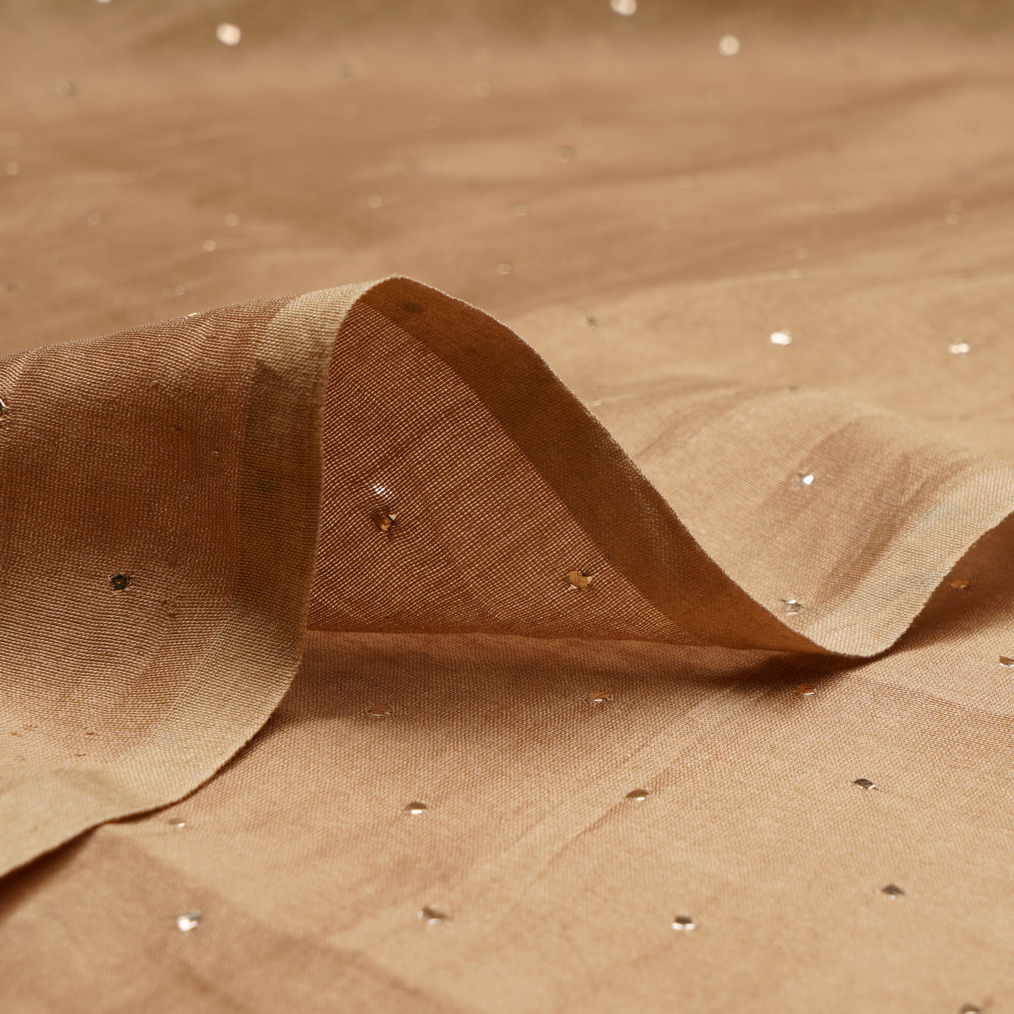 (Pre-Cut 4.10 Mtr)Tan All Over Pattern Hand Embroidered Mukaish Work Tissue Chanderi Fabric