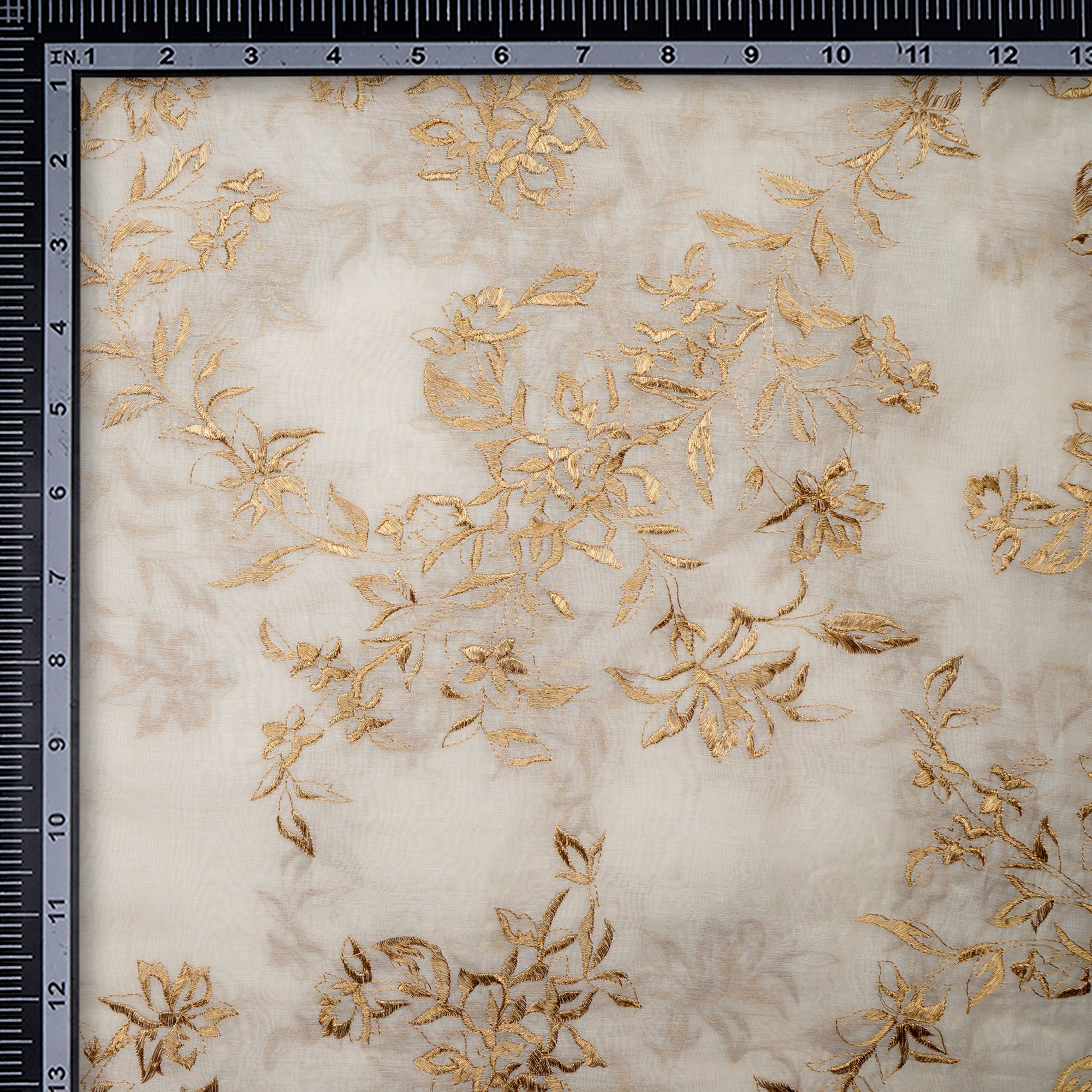(Pre-Cut 0.50 Mtr)Off-White-Gold Dyeable All Over Floral Pattern Thread Embroidered Chanderi Fabric