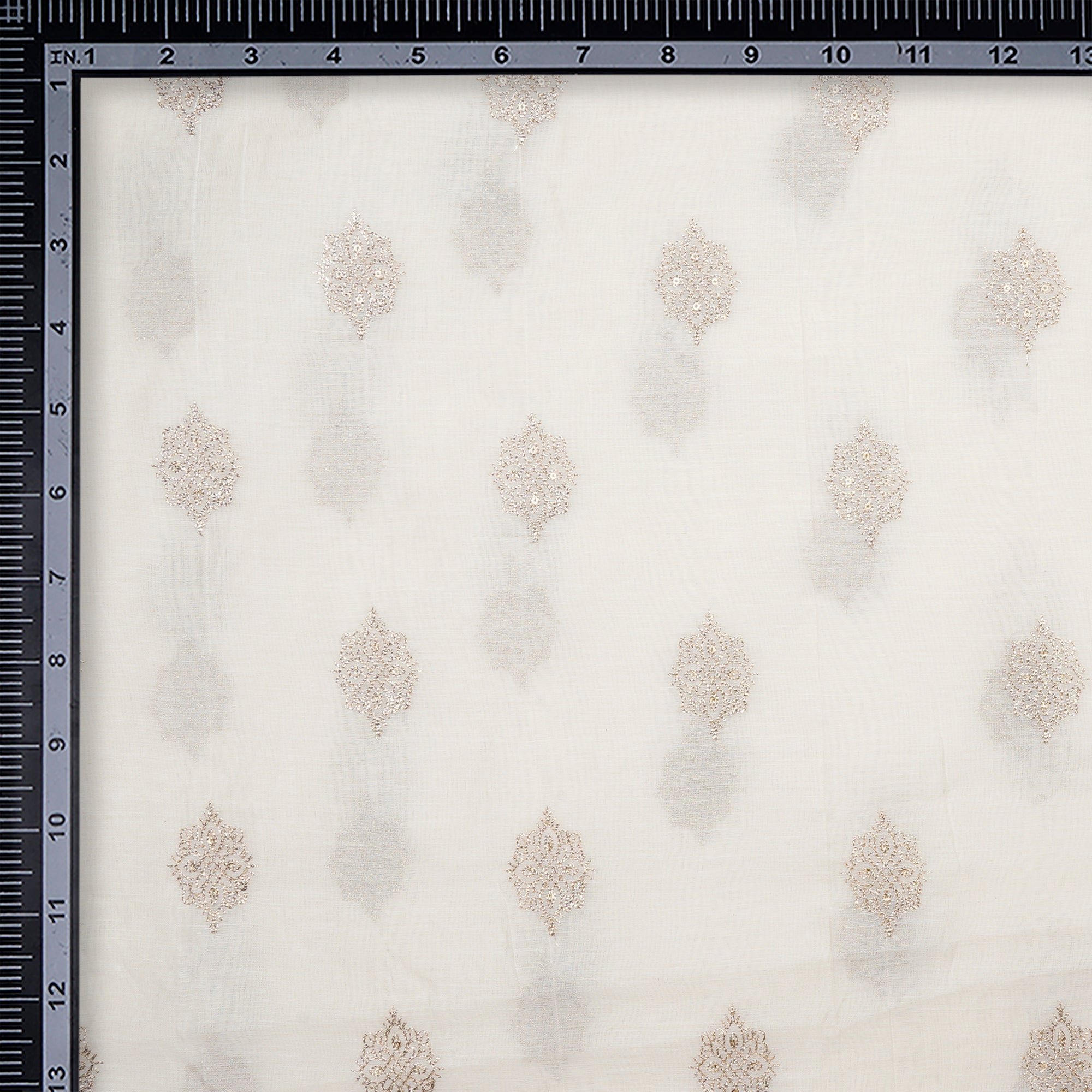 (Pre-Cut 0.60 Mtr)Off White Dyeable Motif Pattern Zari Embroidered Chanderi Fabric