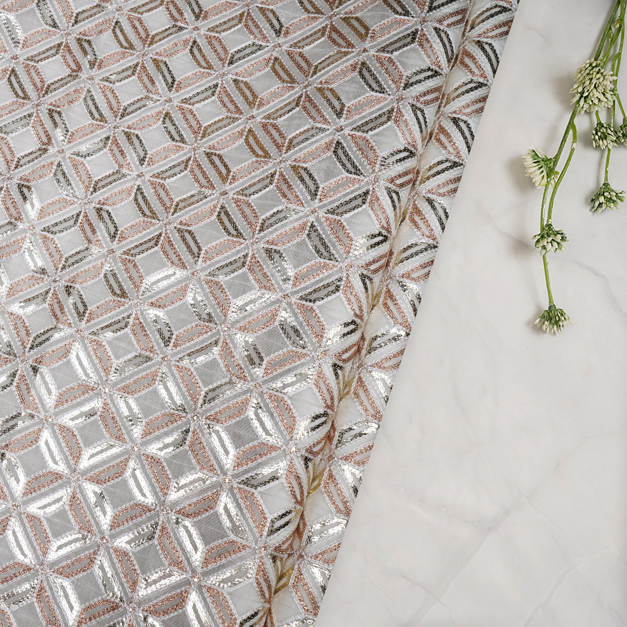 (Pre-Cut 0.90 Mtr)Off White Dyeable All Over Pattern Embroidered Chanderi Fabric
