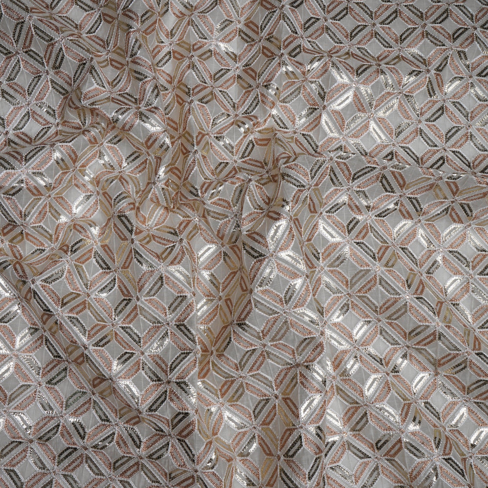 (Pre-Cut 0.90 Mtr)Off White Dyeable All Over Pattern Embroidered Chanderi Fabric