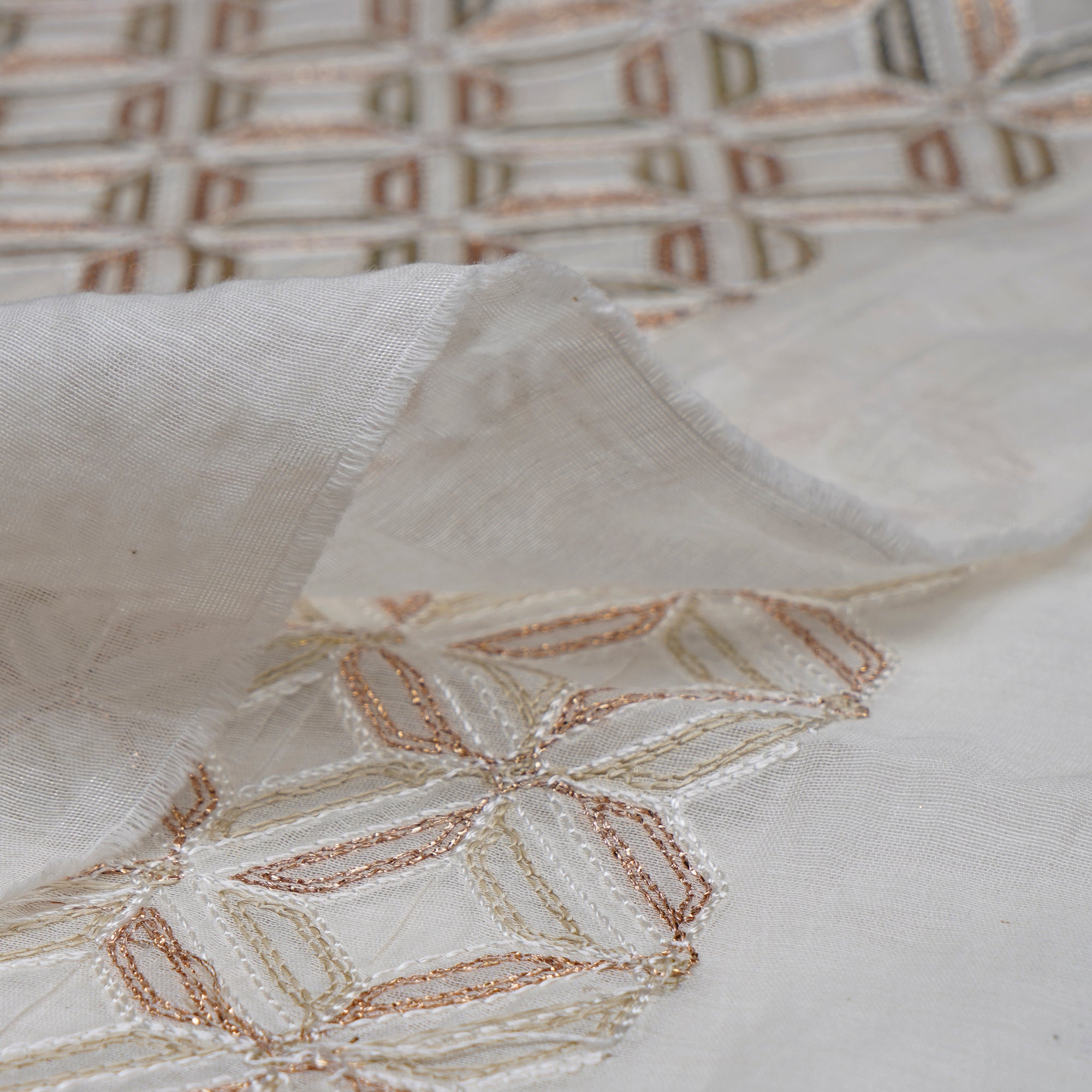 (Pre-Cut 0.90 Mtr)Off White Dyeable All Over Pattern Embroidered Chanderi Fabric
