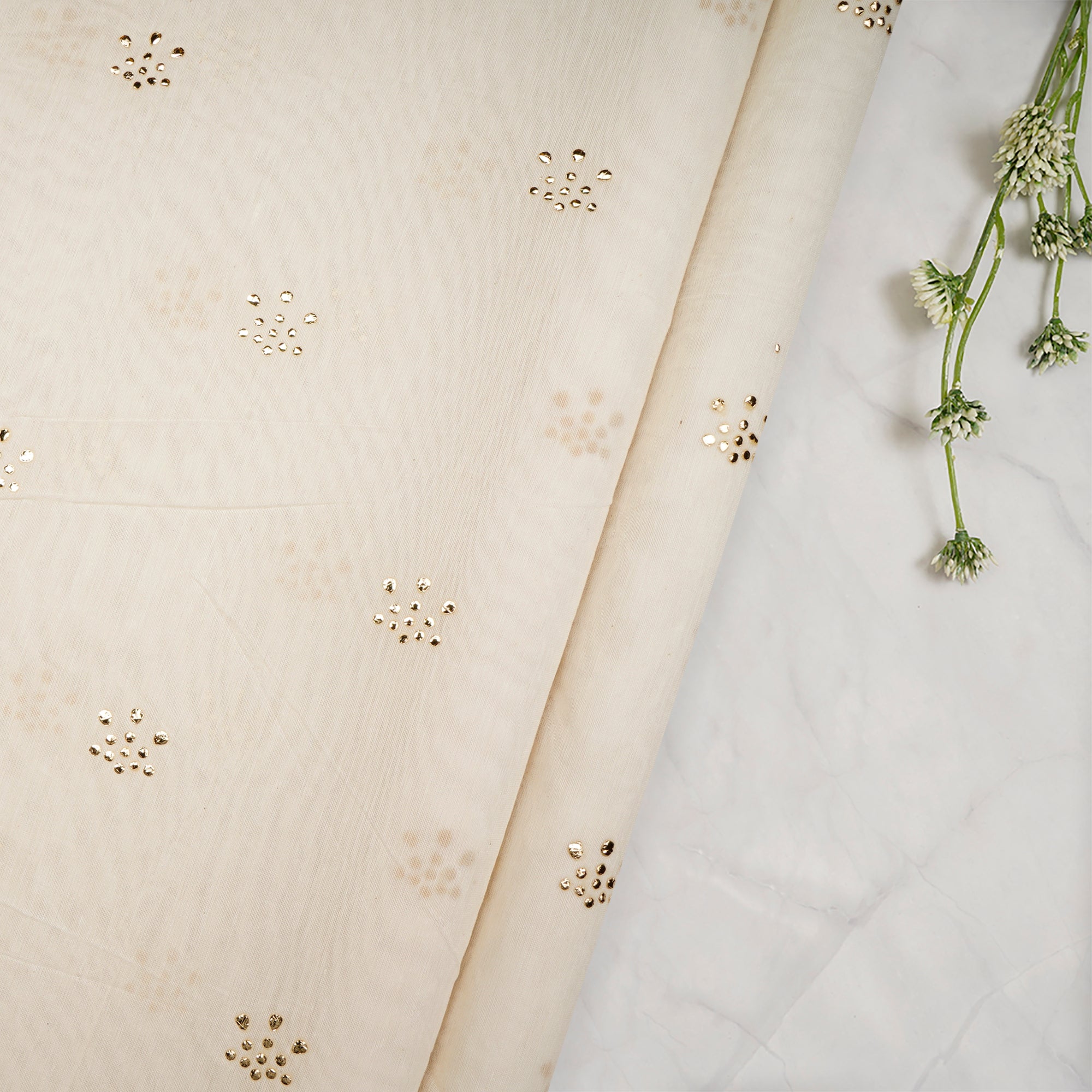 (Pre-Cut 4.50 Mtr)Off-White Dyeable Booti Pattern Dew Drop Mukaish Effect Embroidered Chanderi Fabric