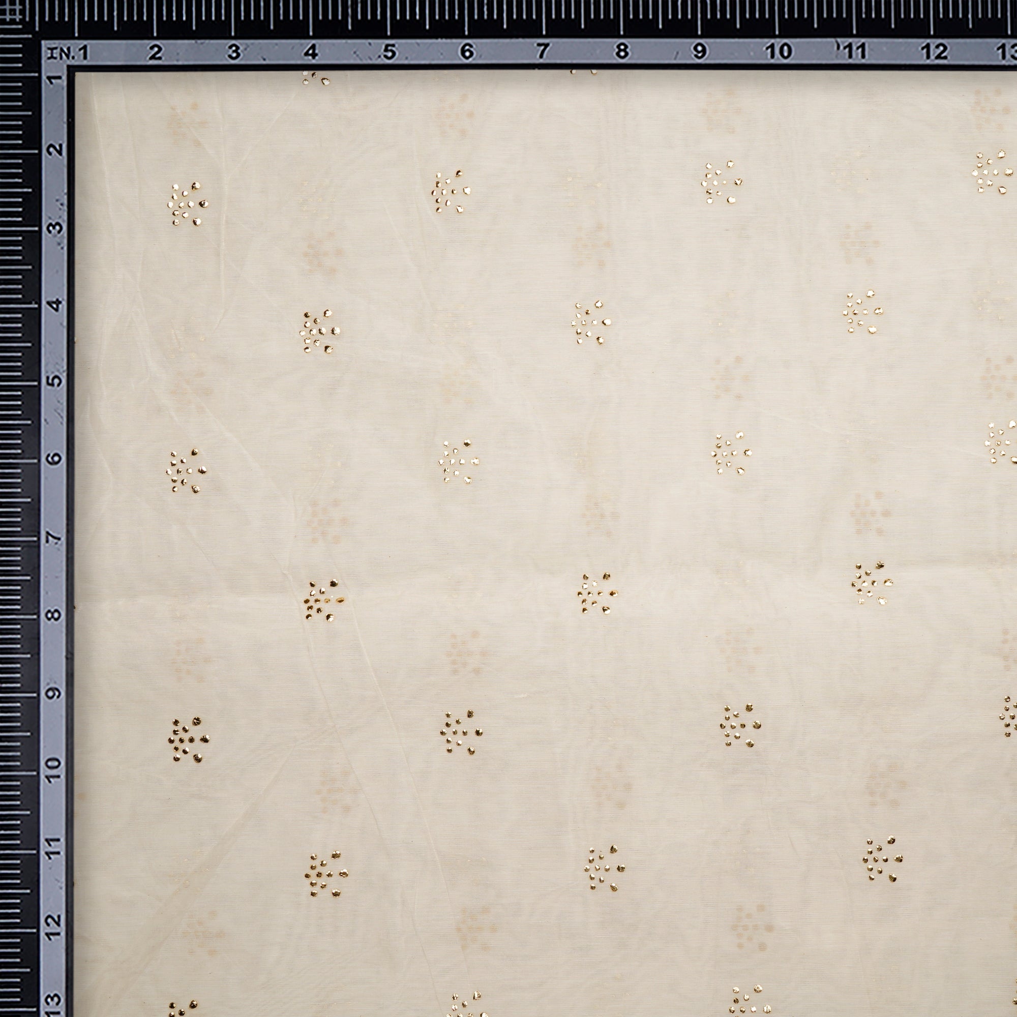 (Pre-Cut 4.50 Mtr)Off-White Dyeable Booti Pattern Dew Drop Mukaish Effect Embroidered Chanderi Fabric