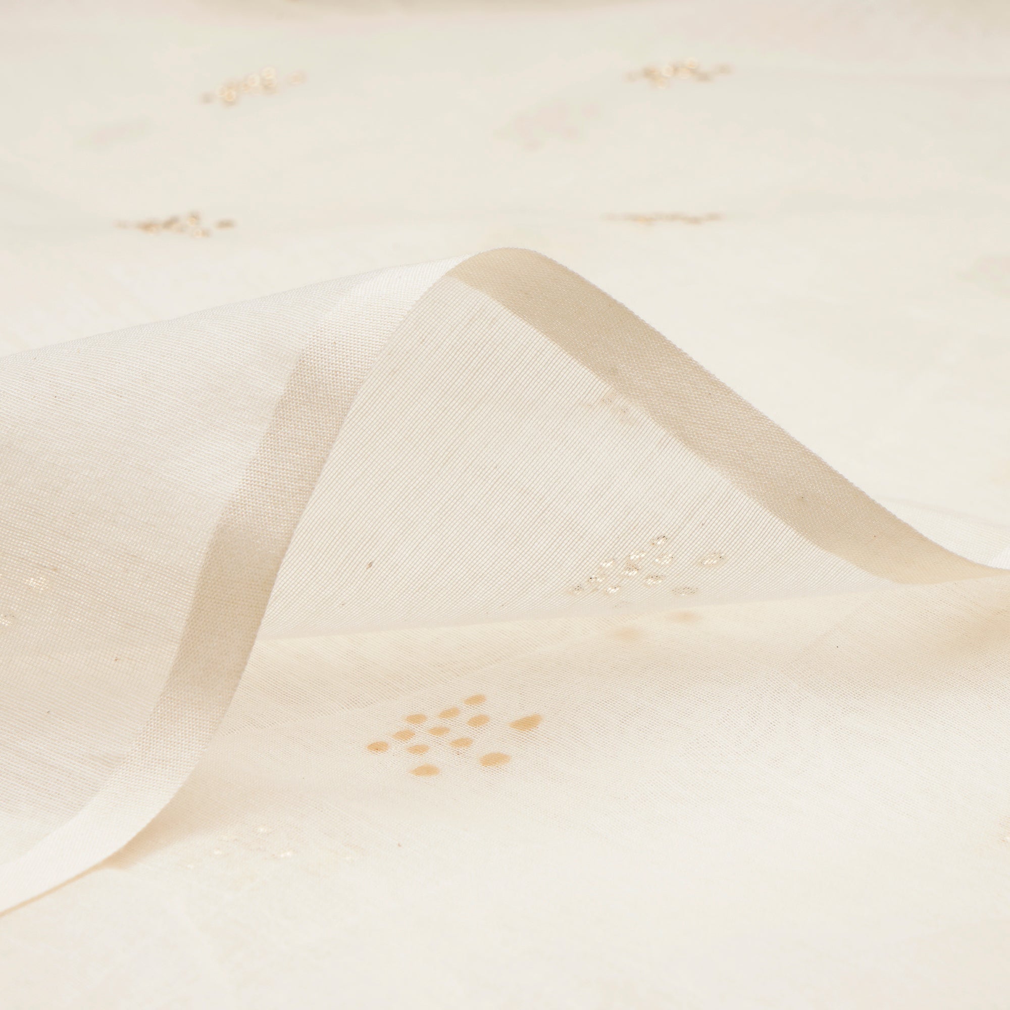 (Pre-Cut 4.50 Mtr)Off-White Dyeable Booti Pattern Dew Drop Mukaish Effect Embroidered Chanderi Fabric