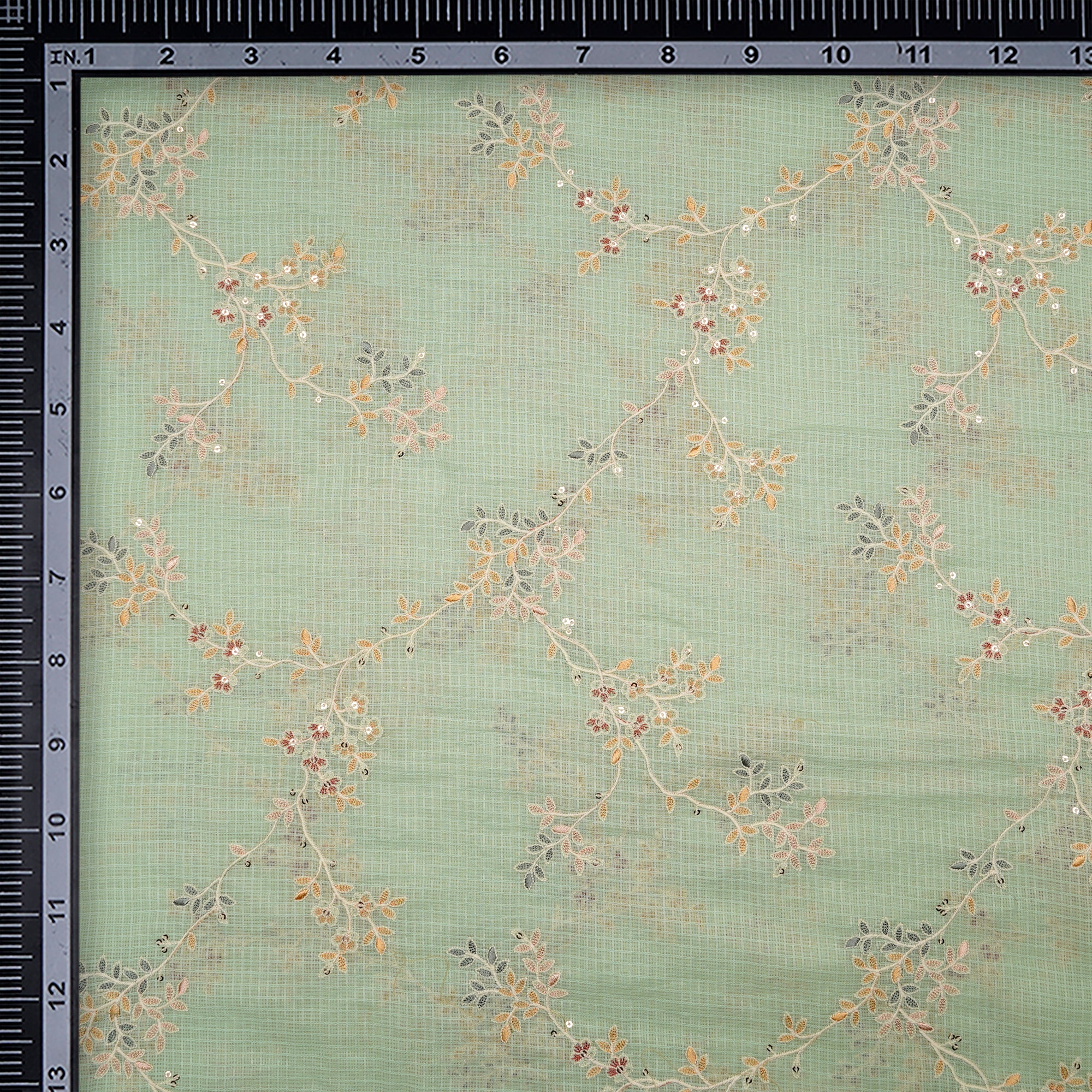 (Pre-Cut 1.50 Mtr)Pastel Green All Over Pattern Thread & Sequin Embroidered Cotton Kota Fabric