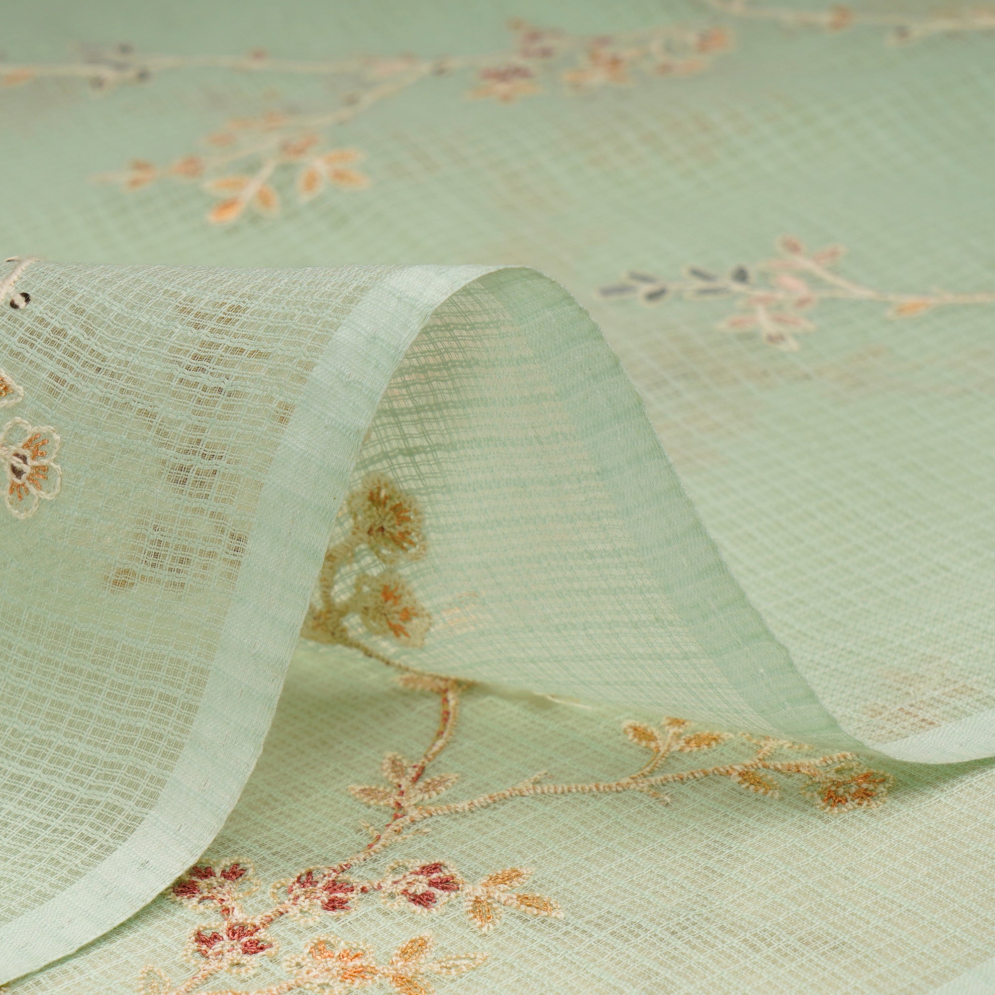 (Pre-Cut 1.50 Mtr)Pastel Green All Over Pattern Thread & Sequin Embroidered Cotton Kota Fabric