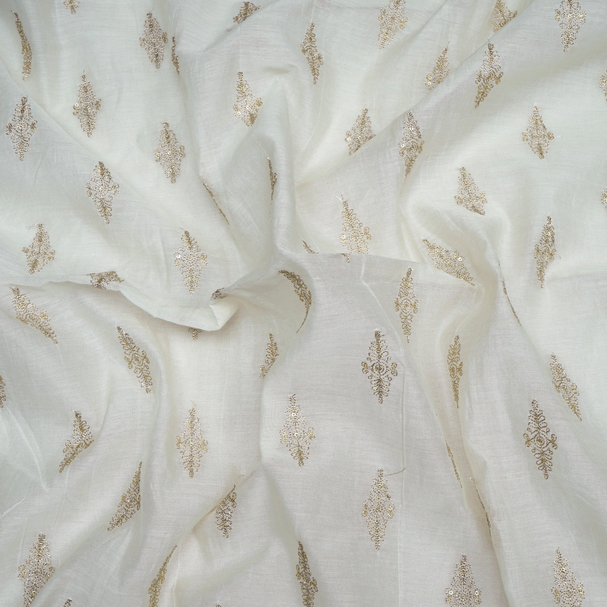 (Pre-Cut 0.70 Mtr)Off White Dyeable Booti Pattern Thread Embroidered Chanderi Fabric