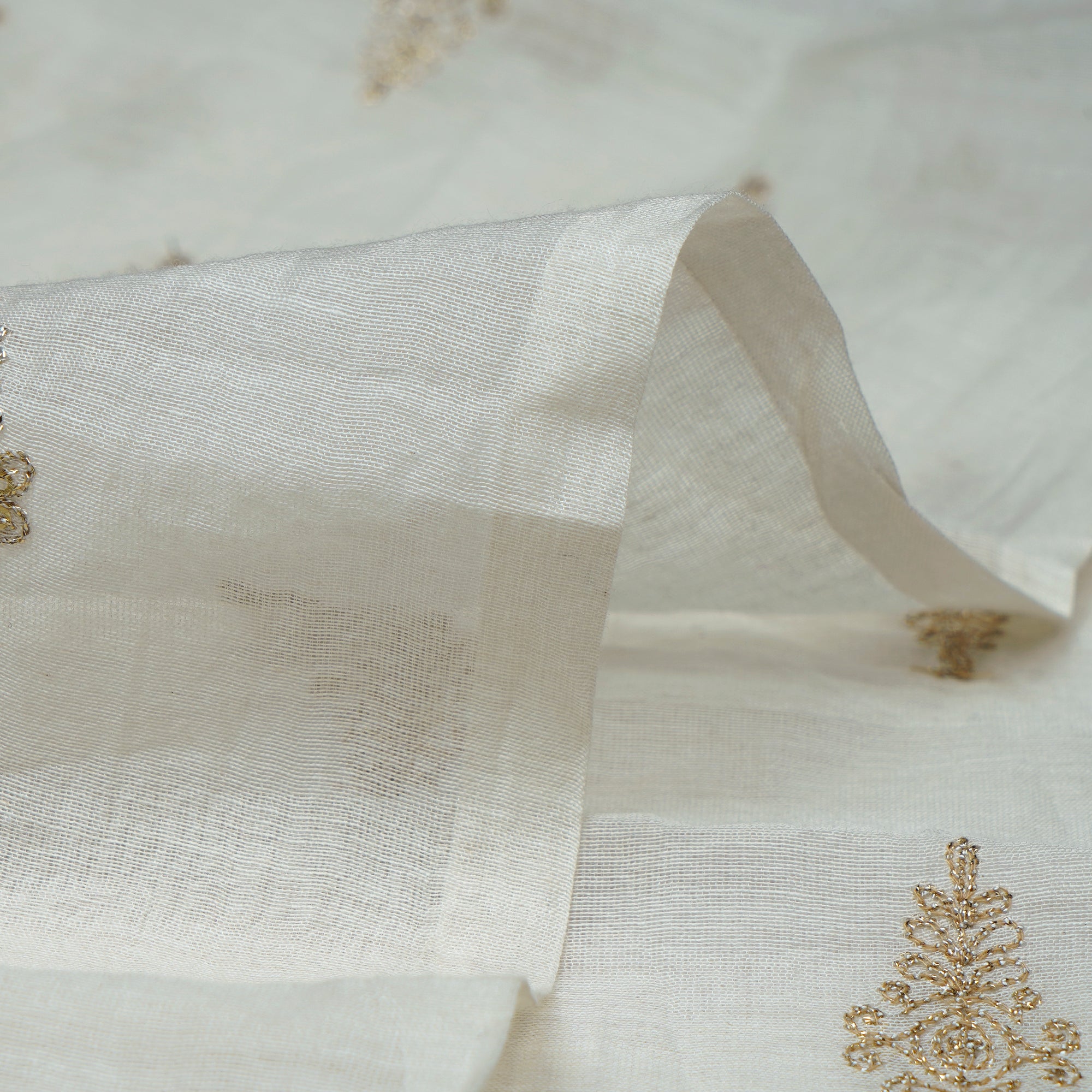 (Pre-Cut 0.70 Mtr)Off White Dyeable Booti Pattern Thread Embroidered Chanderi Fabric