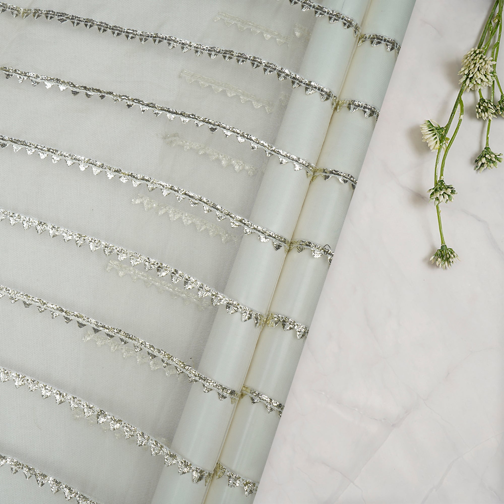 (Pre-Cut 1.50 Mtr)Gold-White Dyeable Stripe Pattern Embroidered Nylon Organza Fabric