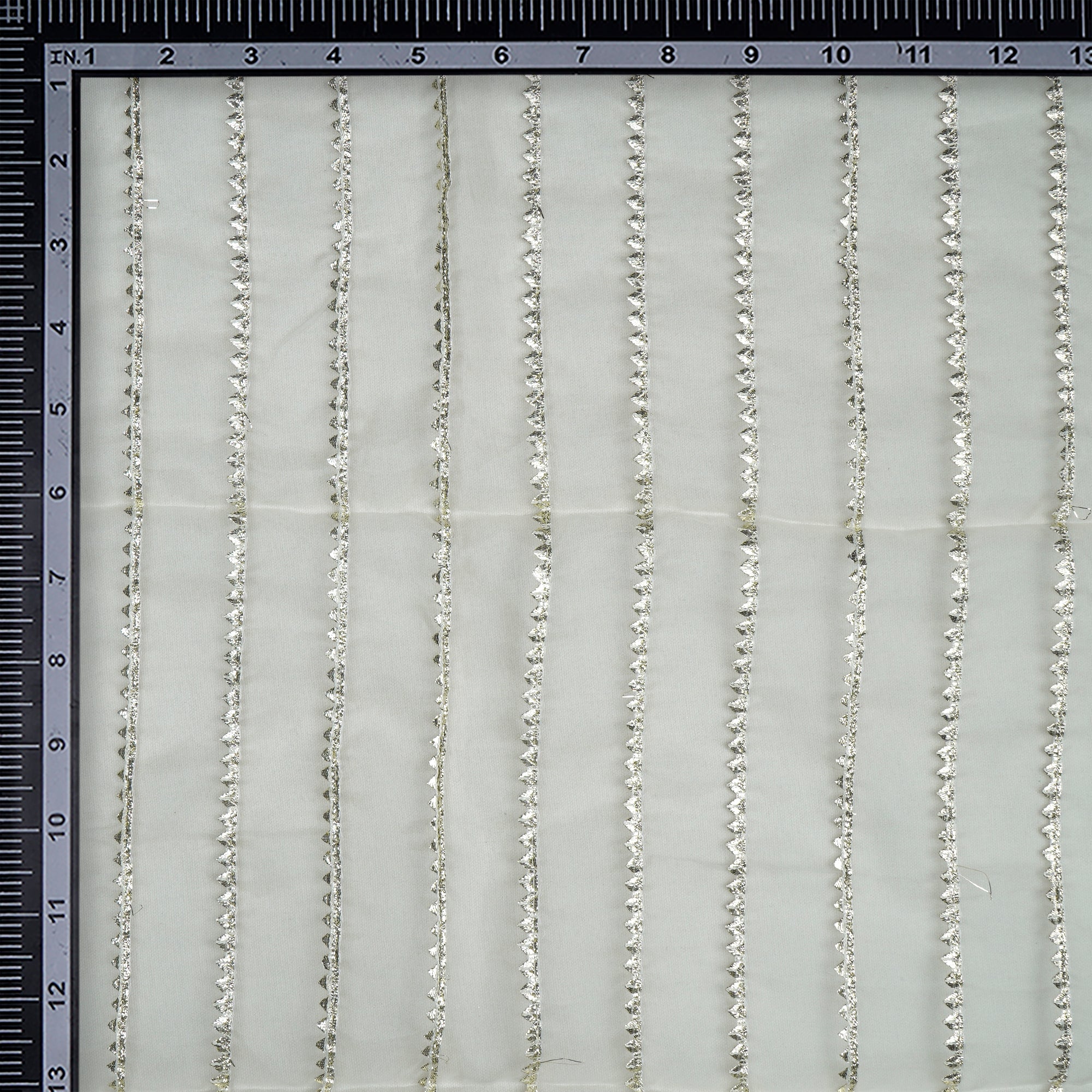 (Pre-Cut 1.50 Mtr)Gold-White Dyeable Stripe Pattern Embroidered Nylon Organza Fabric