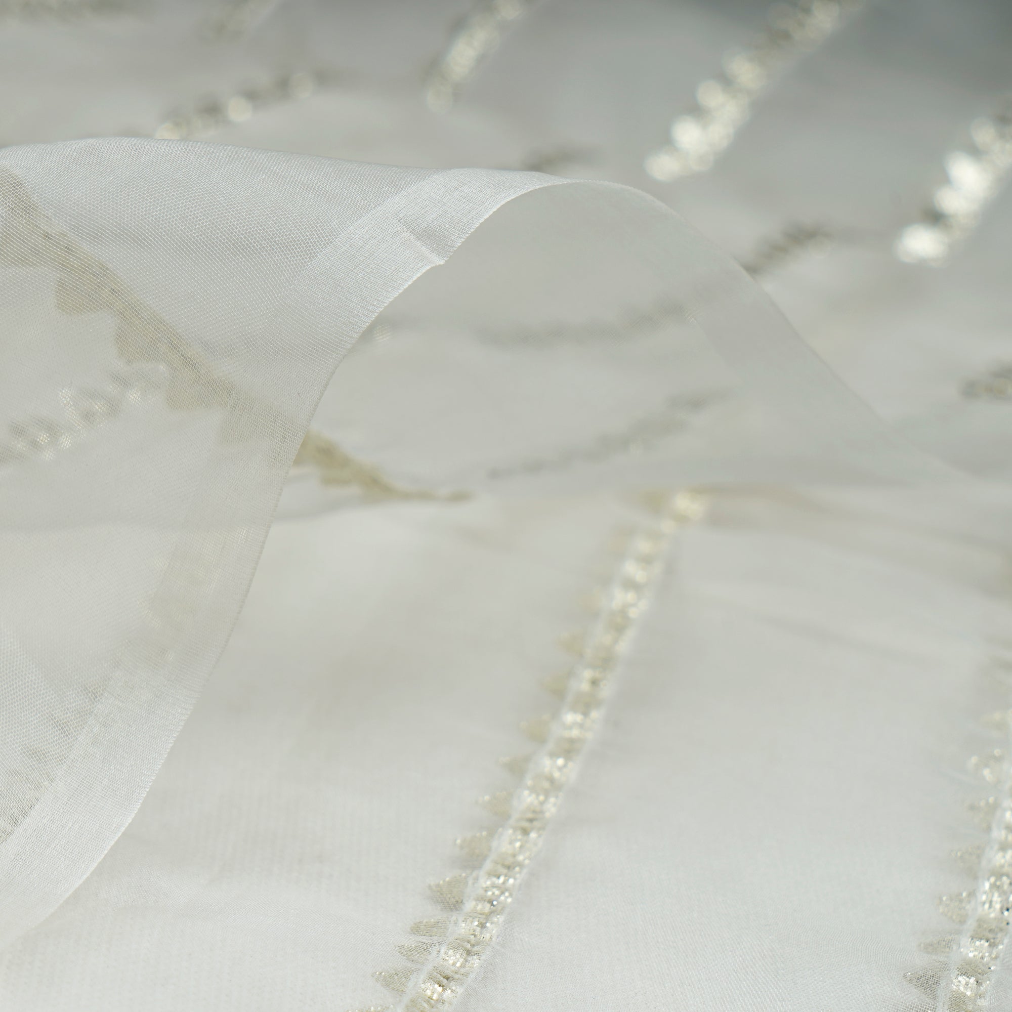 (Pre-Cut 1.50 Mtr)Gold-White Dyeable Stripe Pattern Embroidered Nylon Organza Fabric