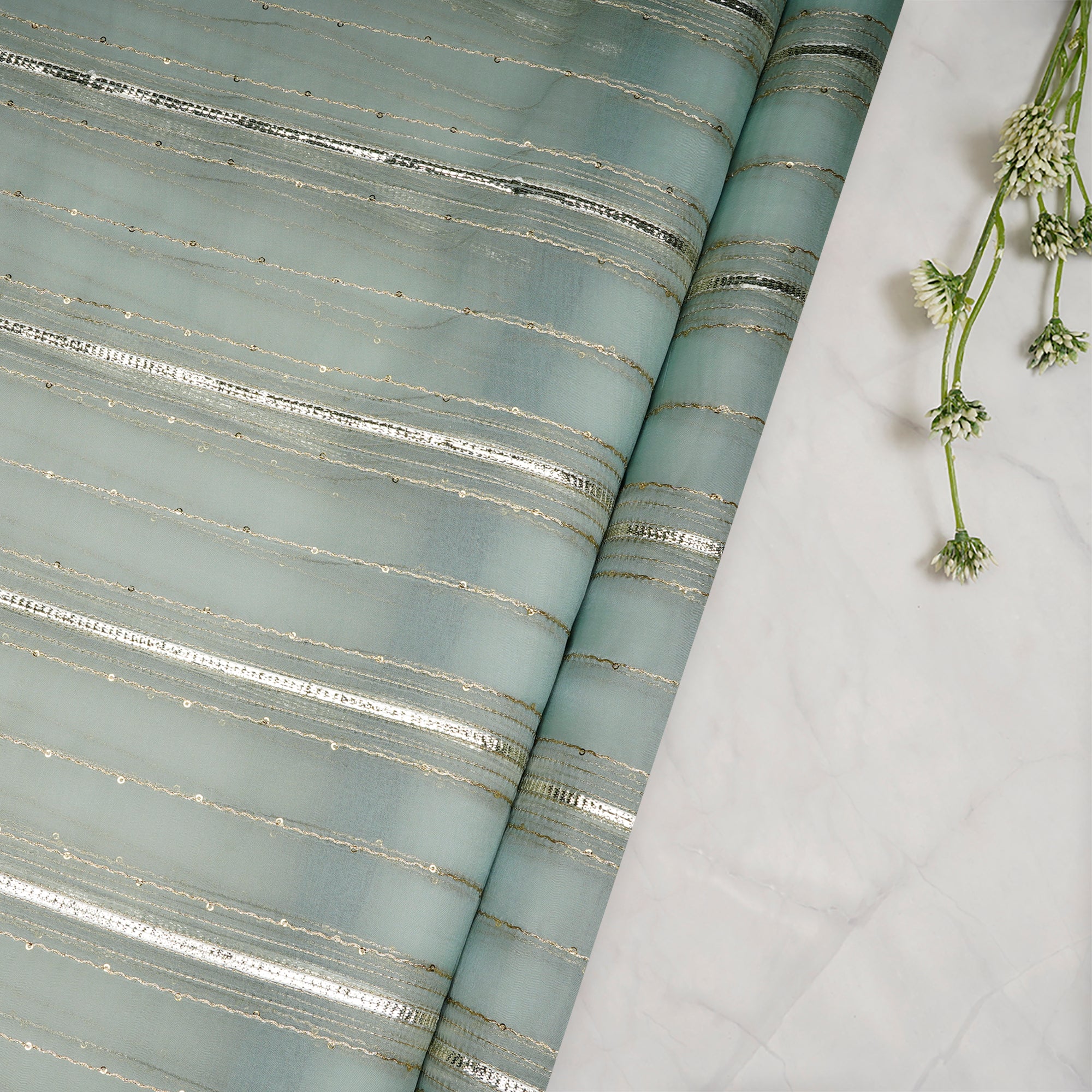 (Pre-Cut 0.70 Mtr)Aqua Glass Dyed Stripe Pattern Embroidered Organza Silk Fabric