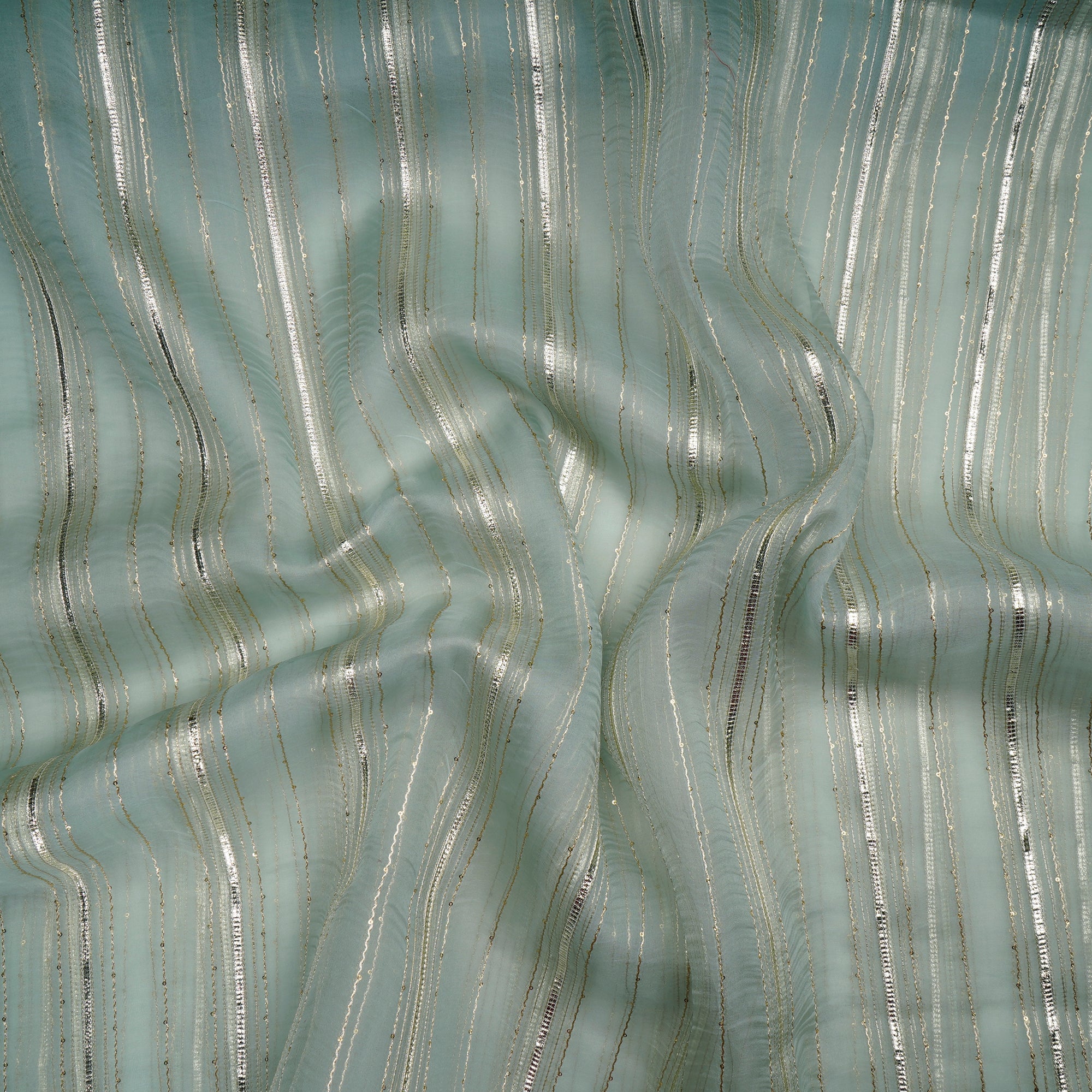 (Pre-Cut 0.70 Mtr)Aqua Glass Dyed Stripe Pattern Embroidered Organza Silk Fabric