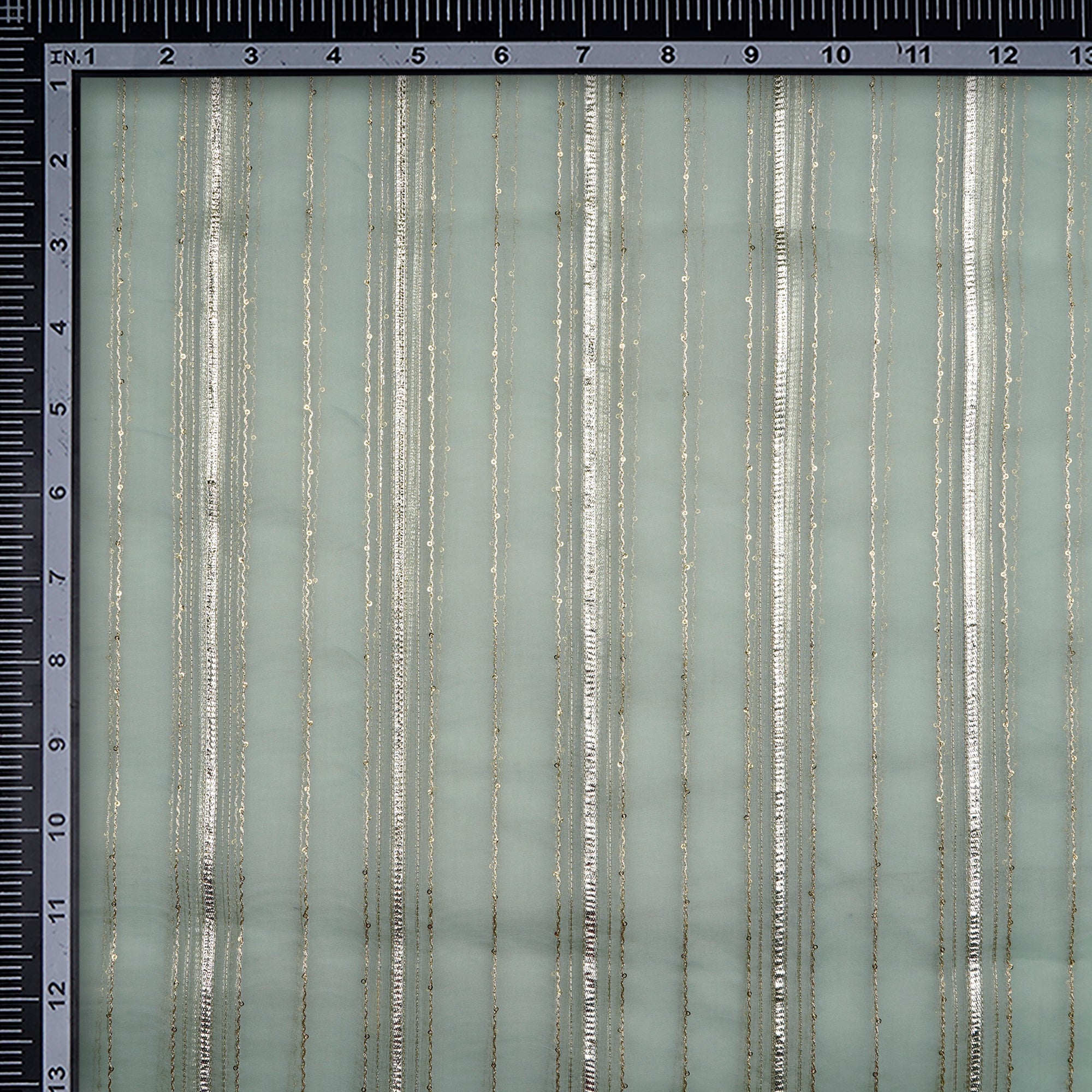 (Pre-Cut 0.70 Mtr)Aqua Glass Dyed Stripe Pattern Embroidered Organza Silk Fabric