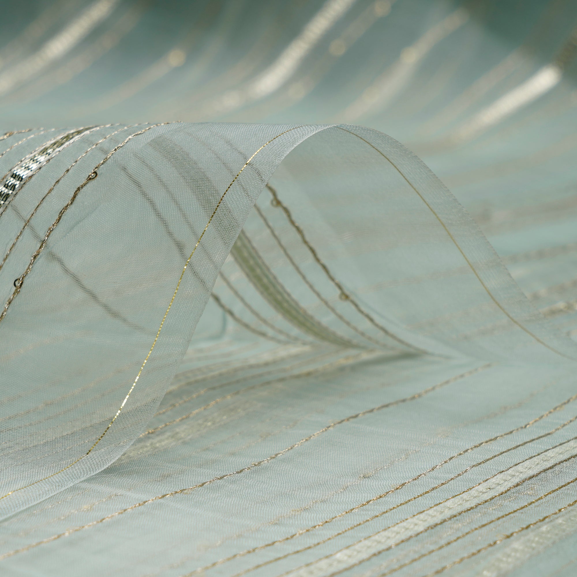 (Pre-Cut 0.70 Mtr)Aqua Glass Dyed Stripe Pattern Embroidered Organza Silk Fabric