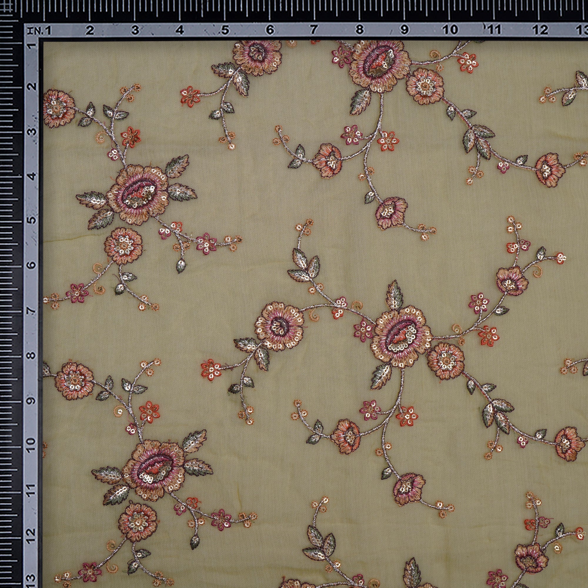 (Pre-Cut 1.00 Mtr)Envu Floral Pattern Thread Sequins Embroidered Bemberg Chiffon Fabric