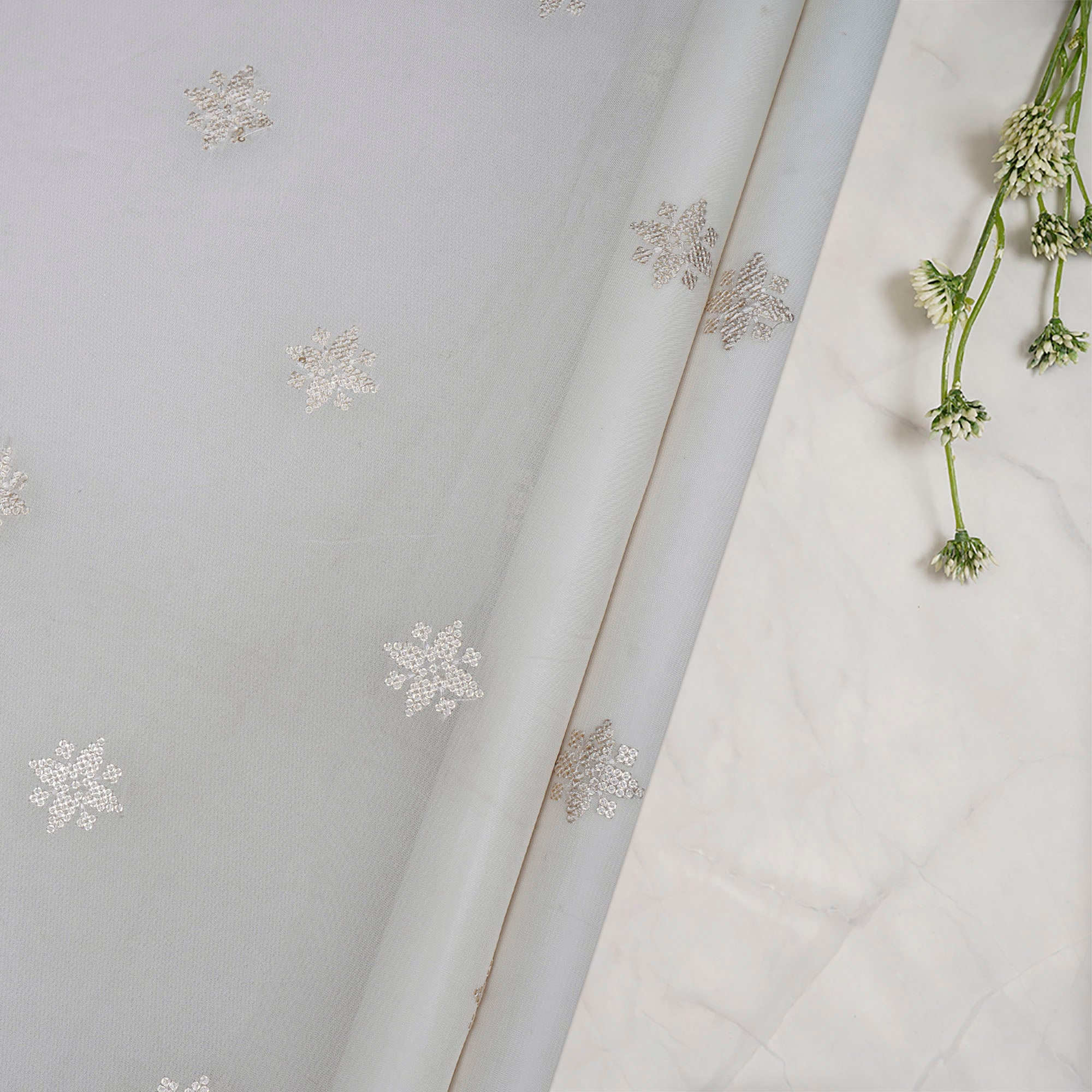 (Pre-Cut 1.50 Mtr)White Color Embroidered Organza Fabric