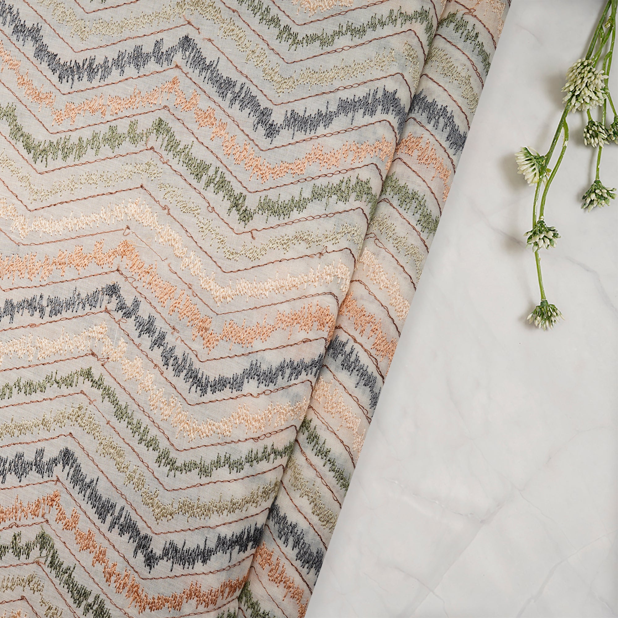 (Pre-Cut 0.90 Mtr)Off-White Chevron Pattern Thread Embroidered Cotton Fabric