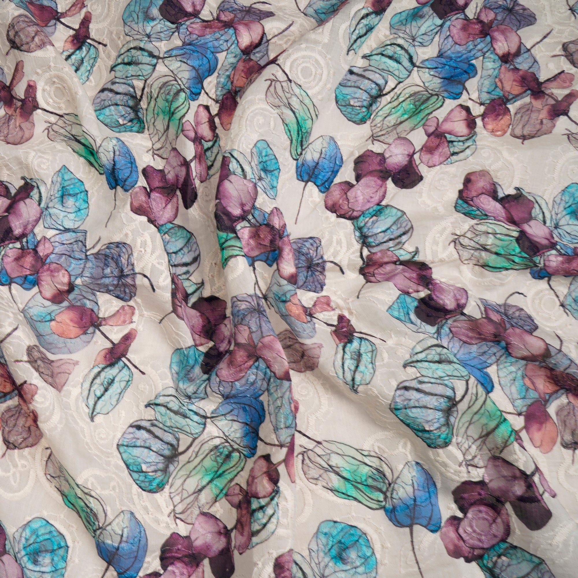 (Pre-Cut 3.60 Mtr)White Floral Pattern Digital Printed Embroidered Pure Chanderi Fabric