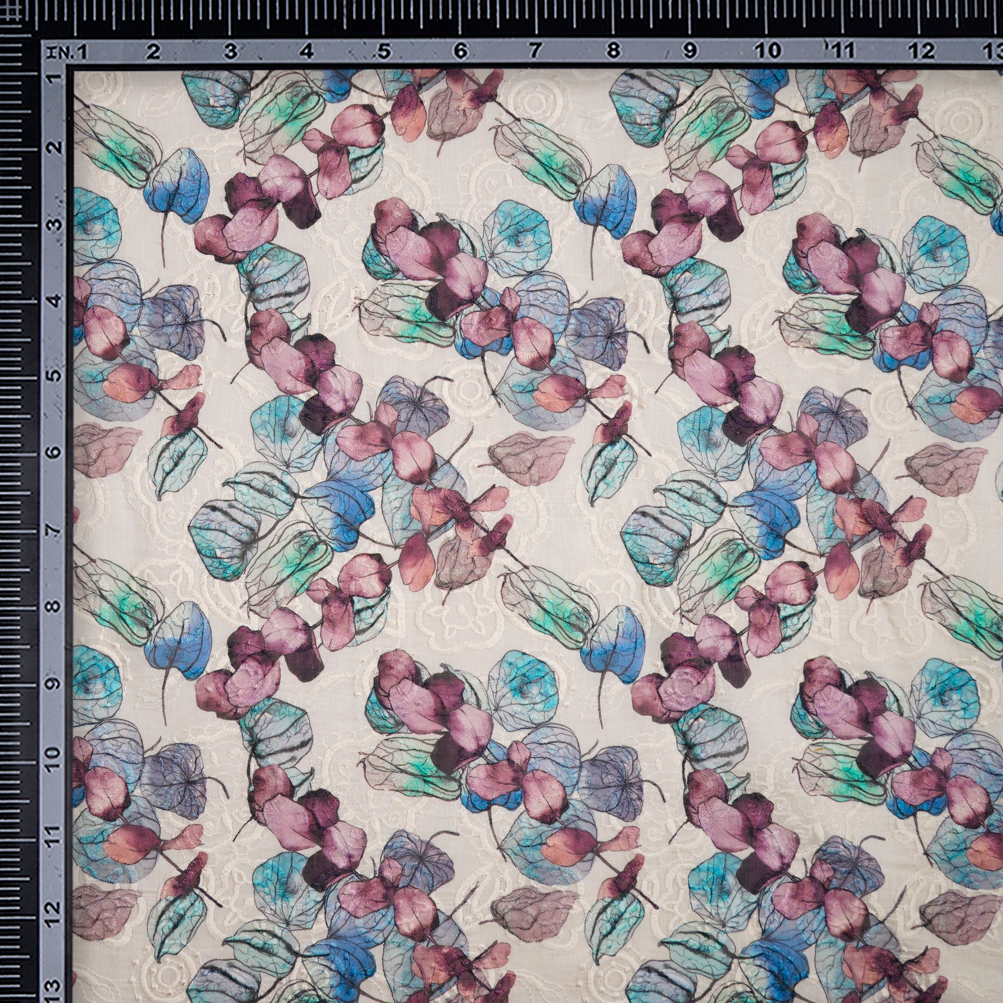 (Pre-Cut 3.60 Mtr)White Floral Pattern Digital Printed Embroidered Pure Chanderi Fabric