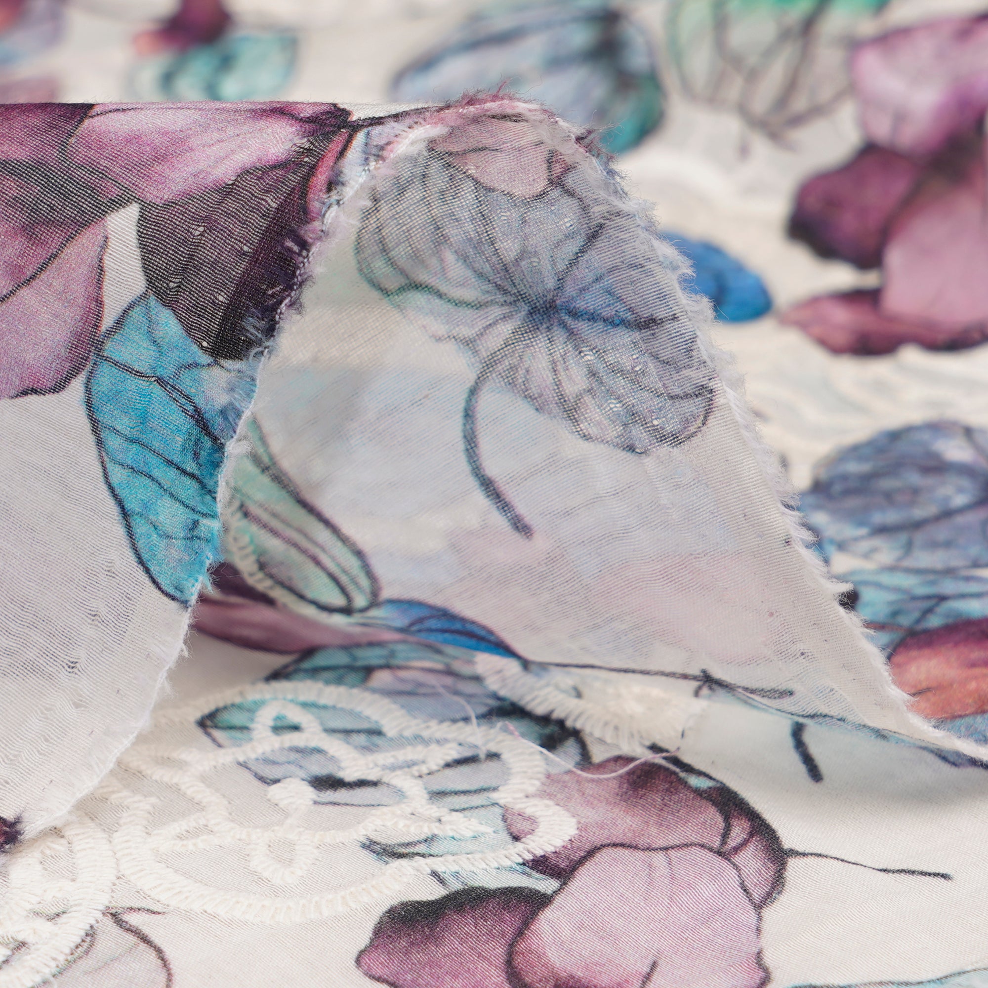 (Pre-Cut 3.60 Mtr)White Floral Pattern Digital Printed Embroidered Pure Chanderi Fabric