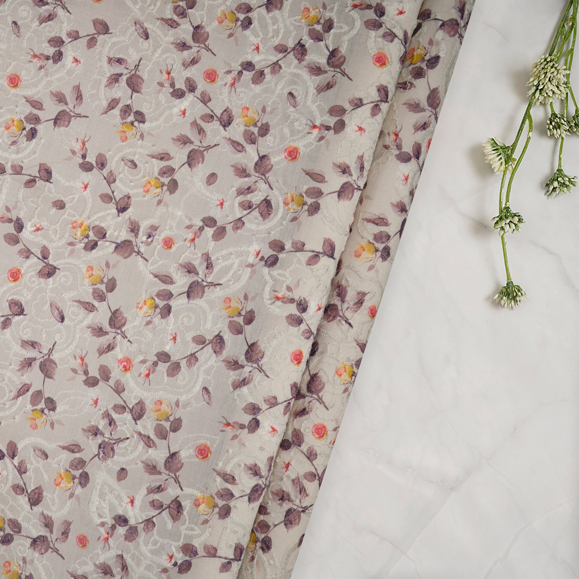(Pre-Cut 4.40 Mtr)White Floral Pattern Digital Printed Embroidered Pure Chanderi Fabric