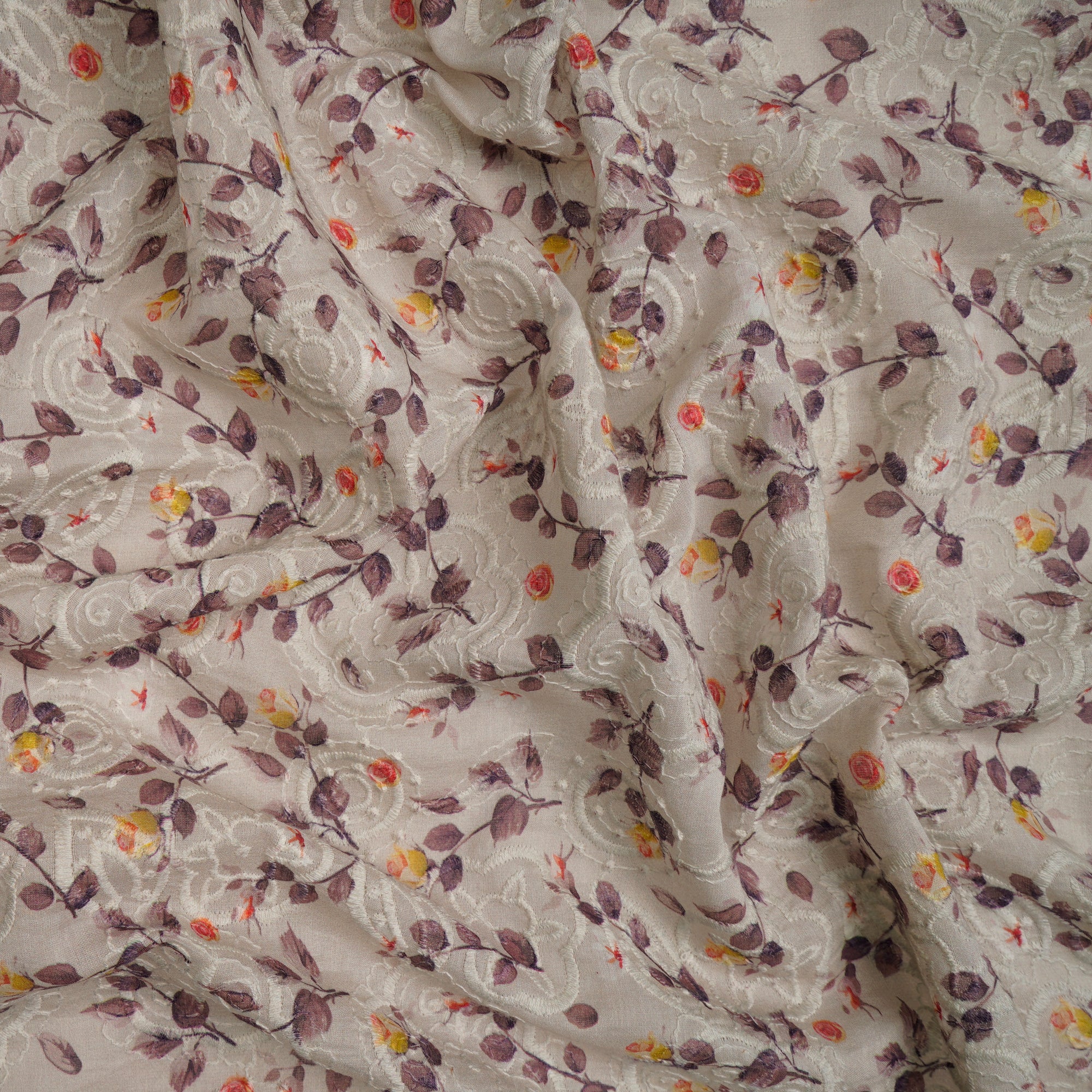 (Pre-Cut 4.40 Mtr)White Floral Pattern Digital Printed Embroidered Pure Chanderi Fabric