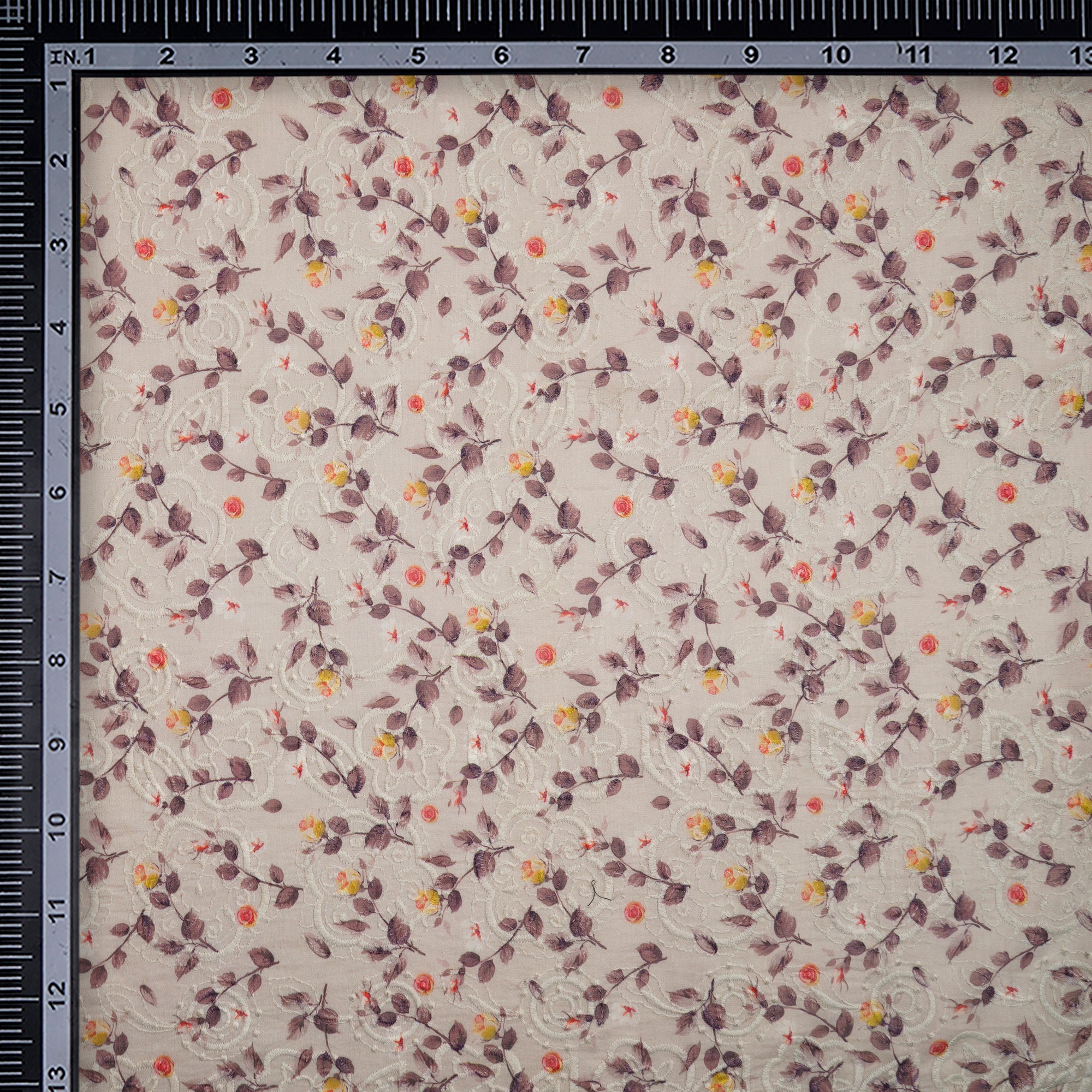 (Pre-Cut 4.40 Mtr)White Floral Pattern Digital Printed Embroidered Pure Chanderi Fabric