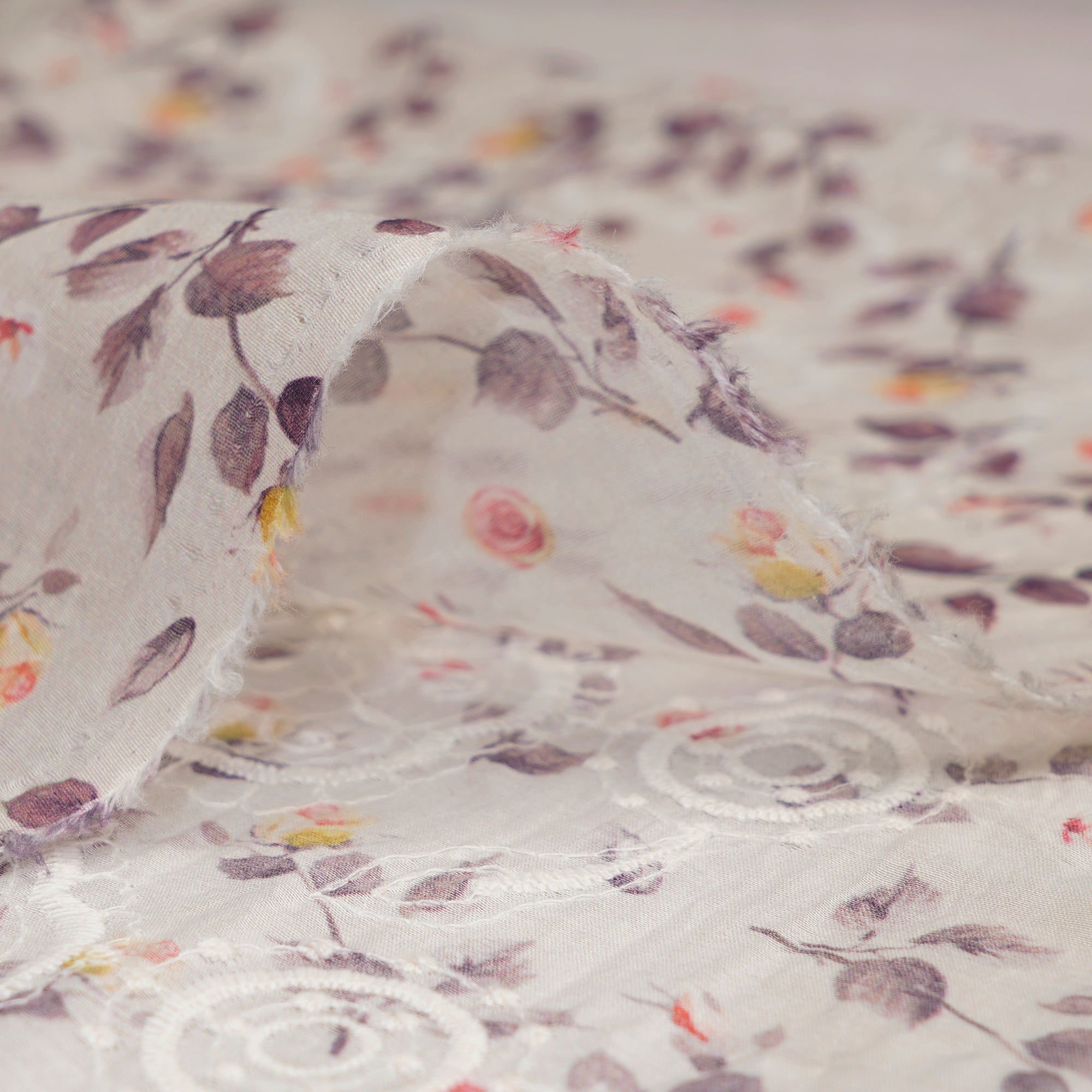 (Pre-Cut 4.40 Mtr)White Floral Pattern Digital Printed Embroidered Pure Chanderi Fabric