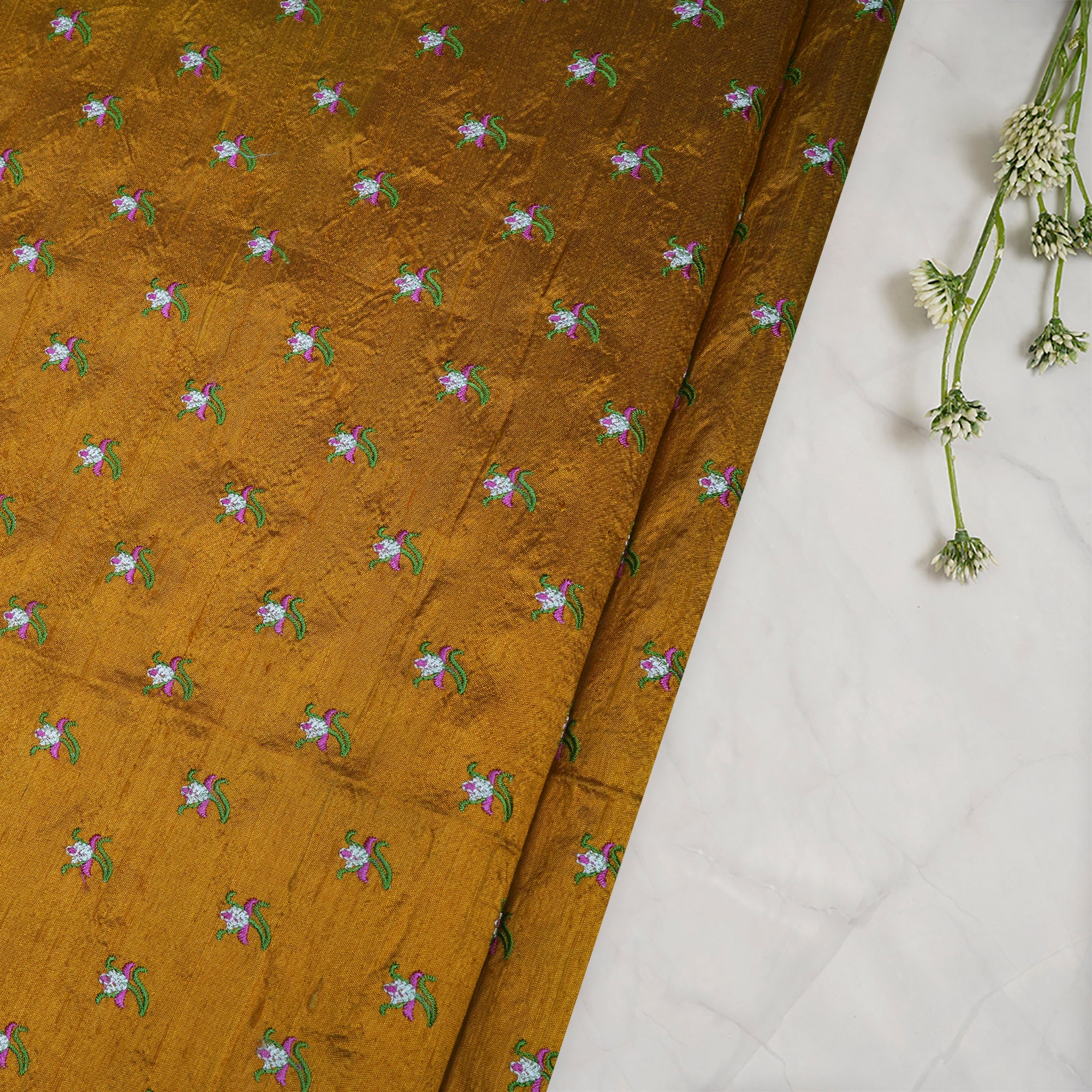 (Pre-Cut 4.10 Mtr)Mustard Color Embroidered Silk Fabric