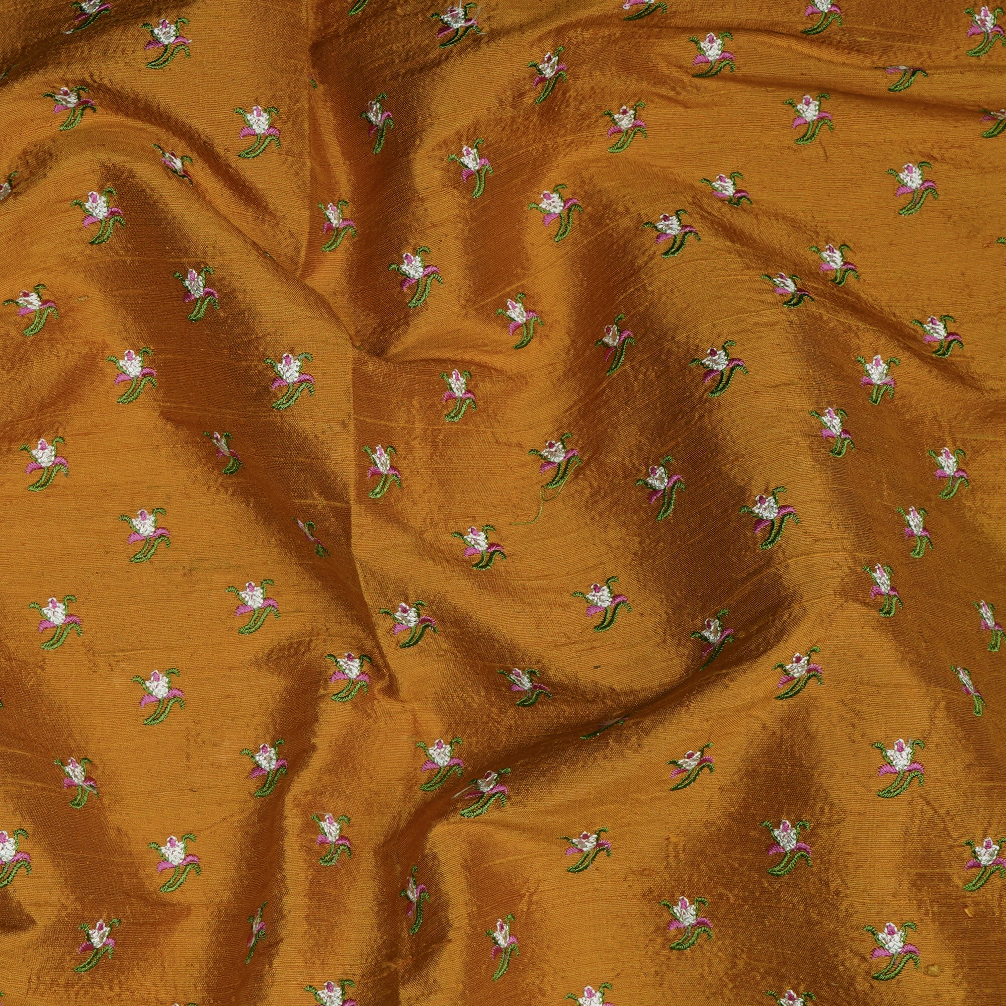 (Pre-Cut 4.10 Mtr)Mustard Color Embroidered Silk Fabric