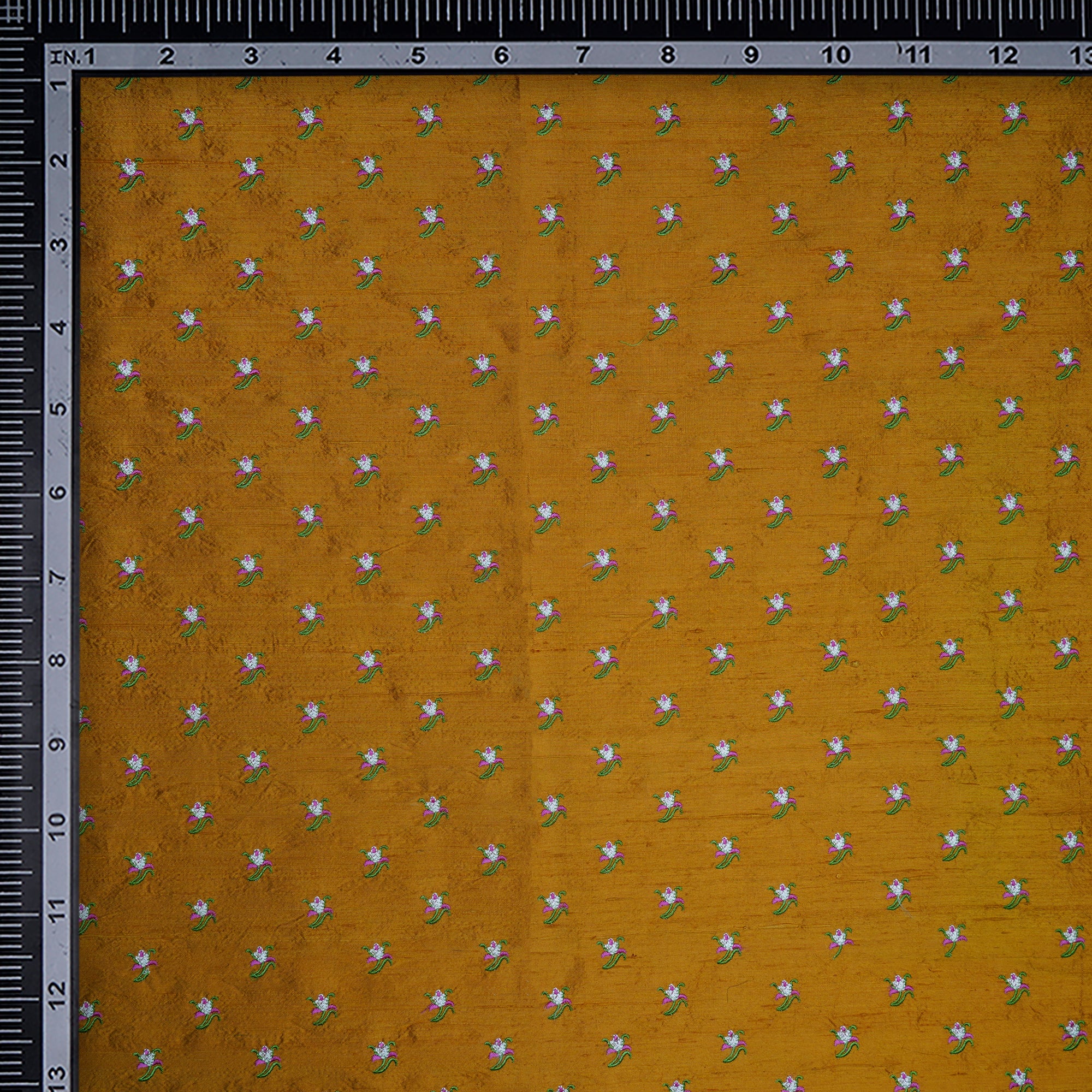 (Pre-Cut 4.10 Mtr)Mustard Color Embroidered Silk Fabric