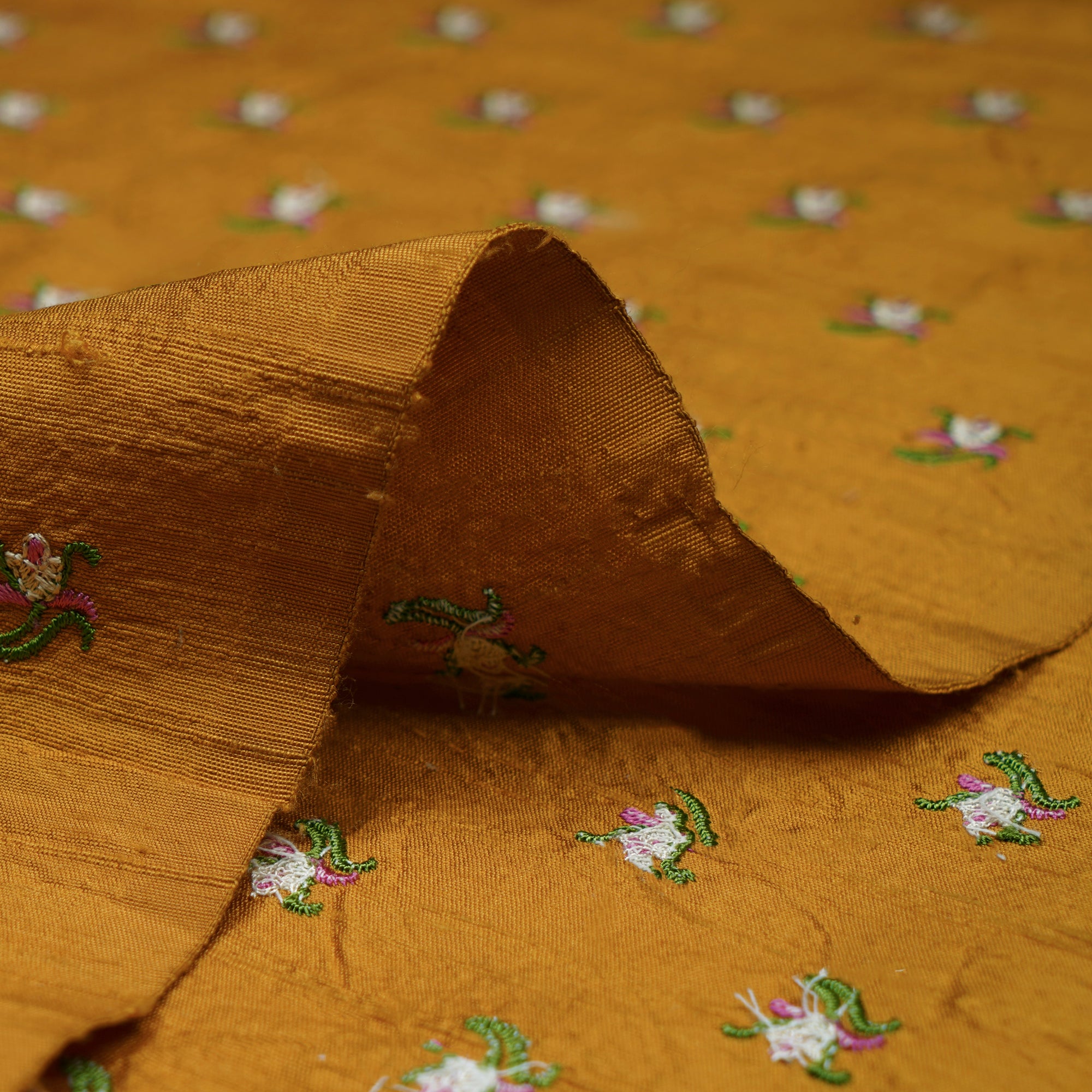 (Pre-Cut 4.10 Mtr)Mustard Color Embroidered Silk Fabric
