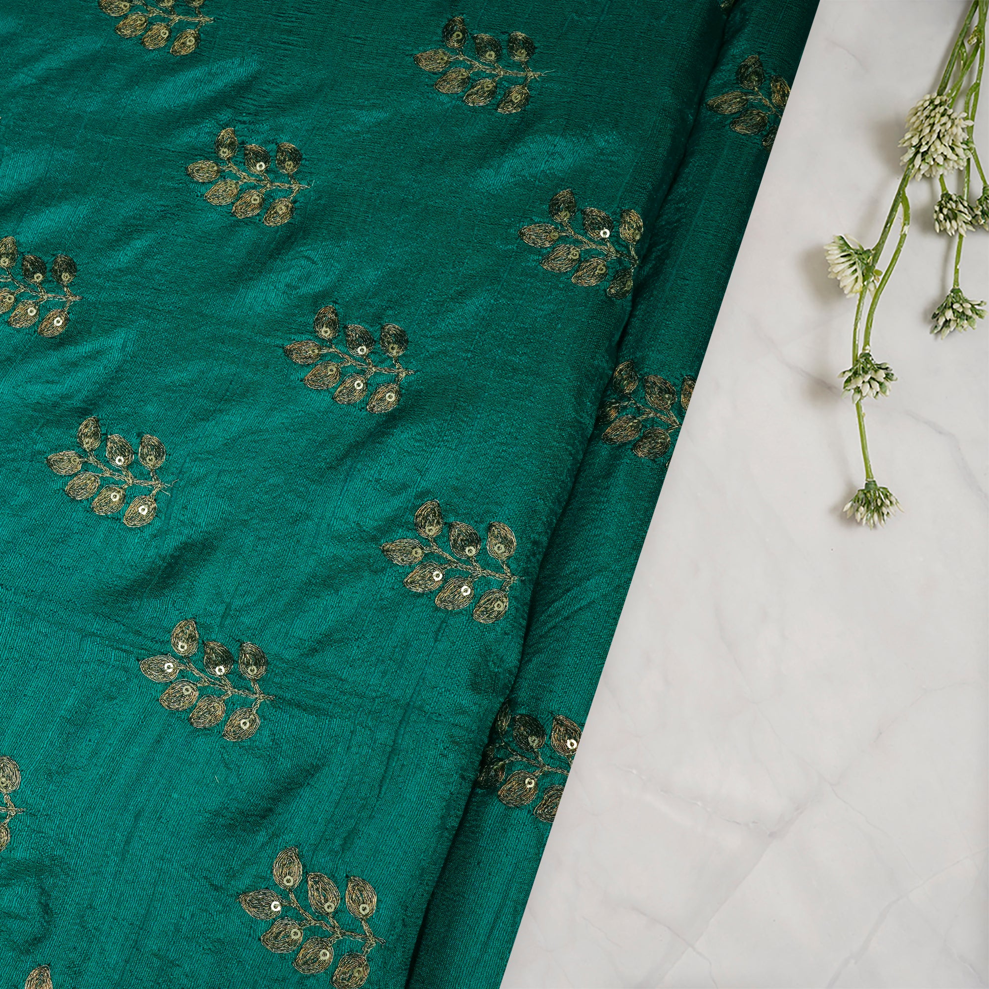 (Pre-Cut 3.50 Mtr)Dark Aqua Green-Golden Color Embroidered Dupion Silk Fabric
