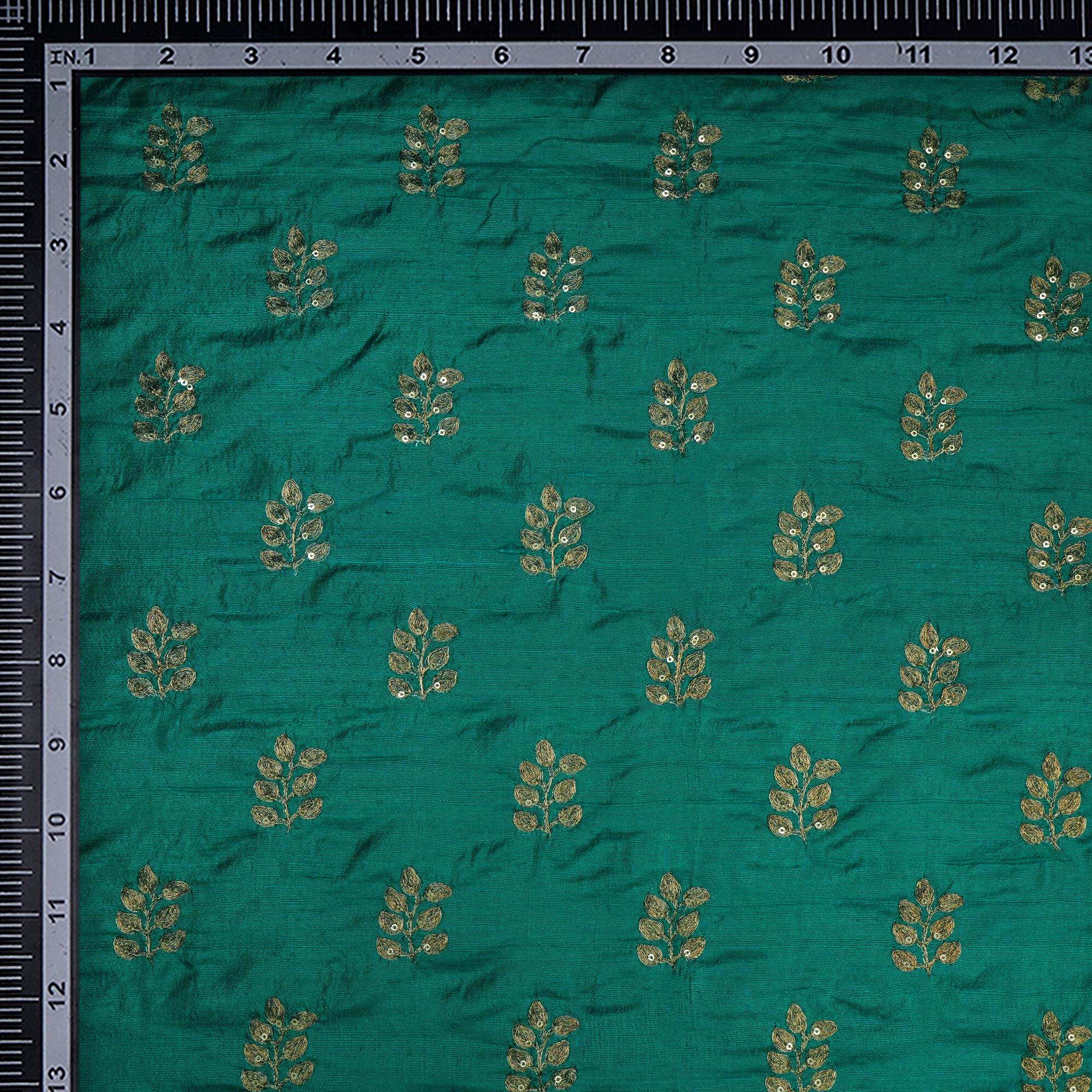 (Pre-Cut 3.50 Mtr)Dark Aqua Green-Golden Color Embroidered Dupion Silk Fabric