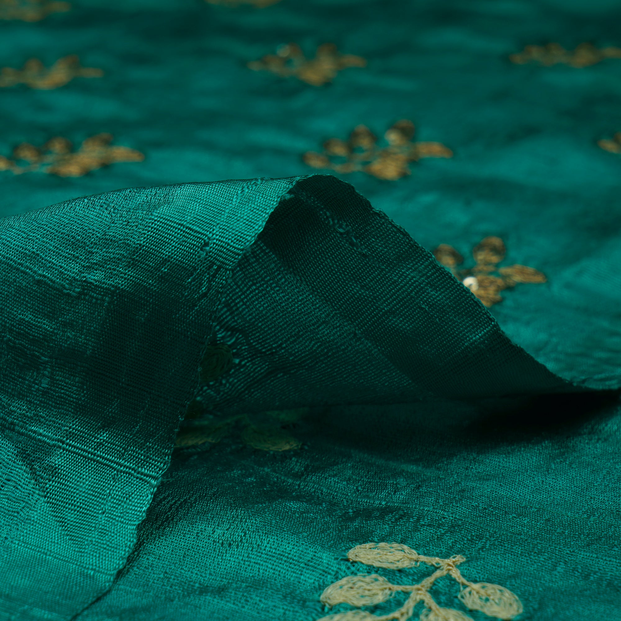 (Pre-Cut 3.50 Mtr)Dark Aqua Green-Golden Color Embroidered Dupion Silk Fabric